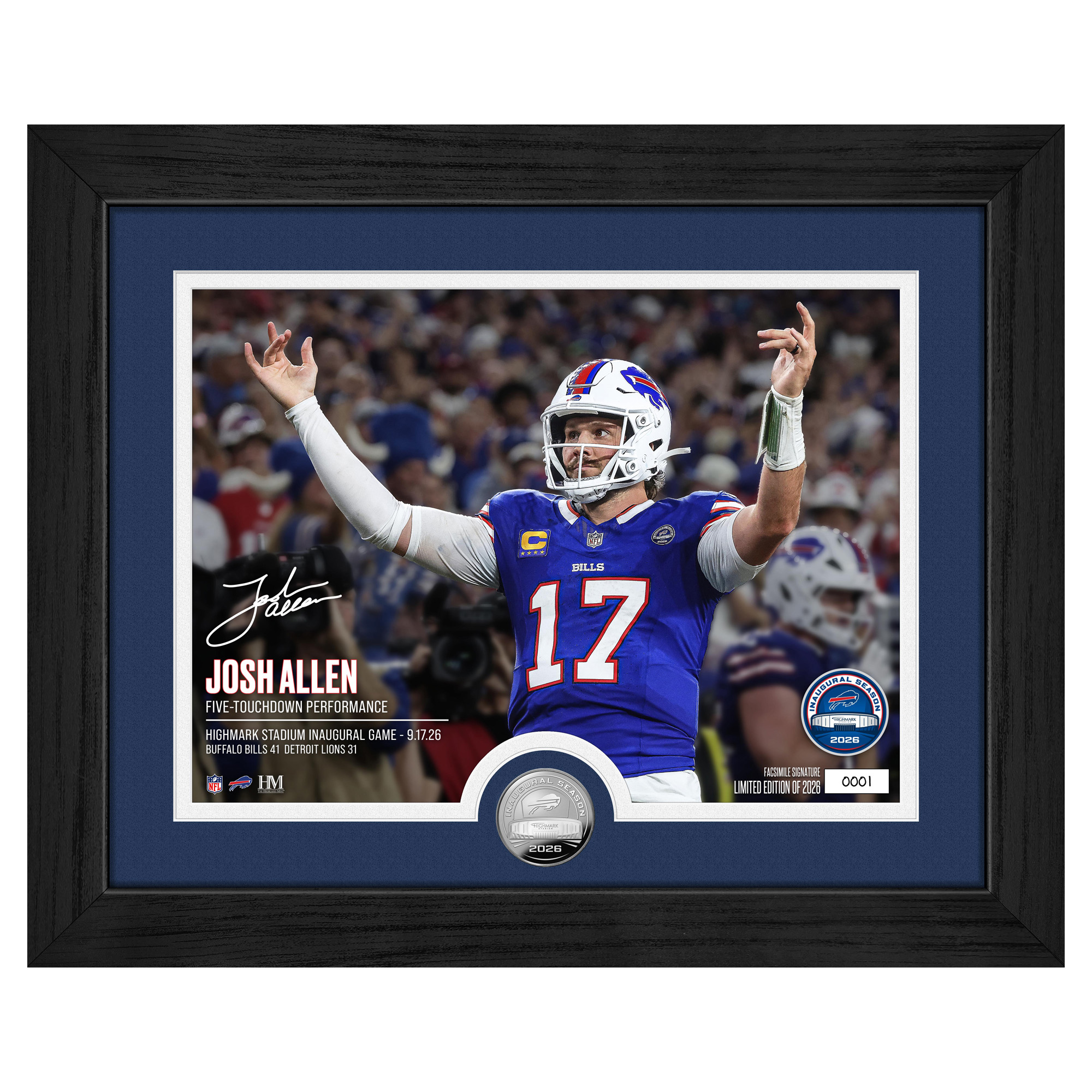 Highland Mint Josh Allen Buffalo Bills Framed 13" x 16" 2026 Highmark Stadium Inaugural Home Game Silver Coin Photo Mint - Limited Edition of 2,026