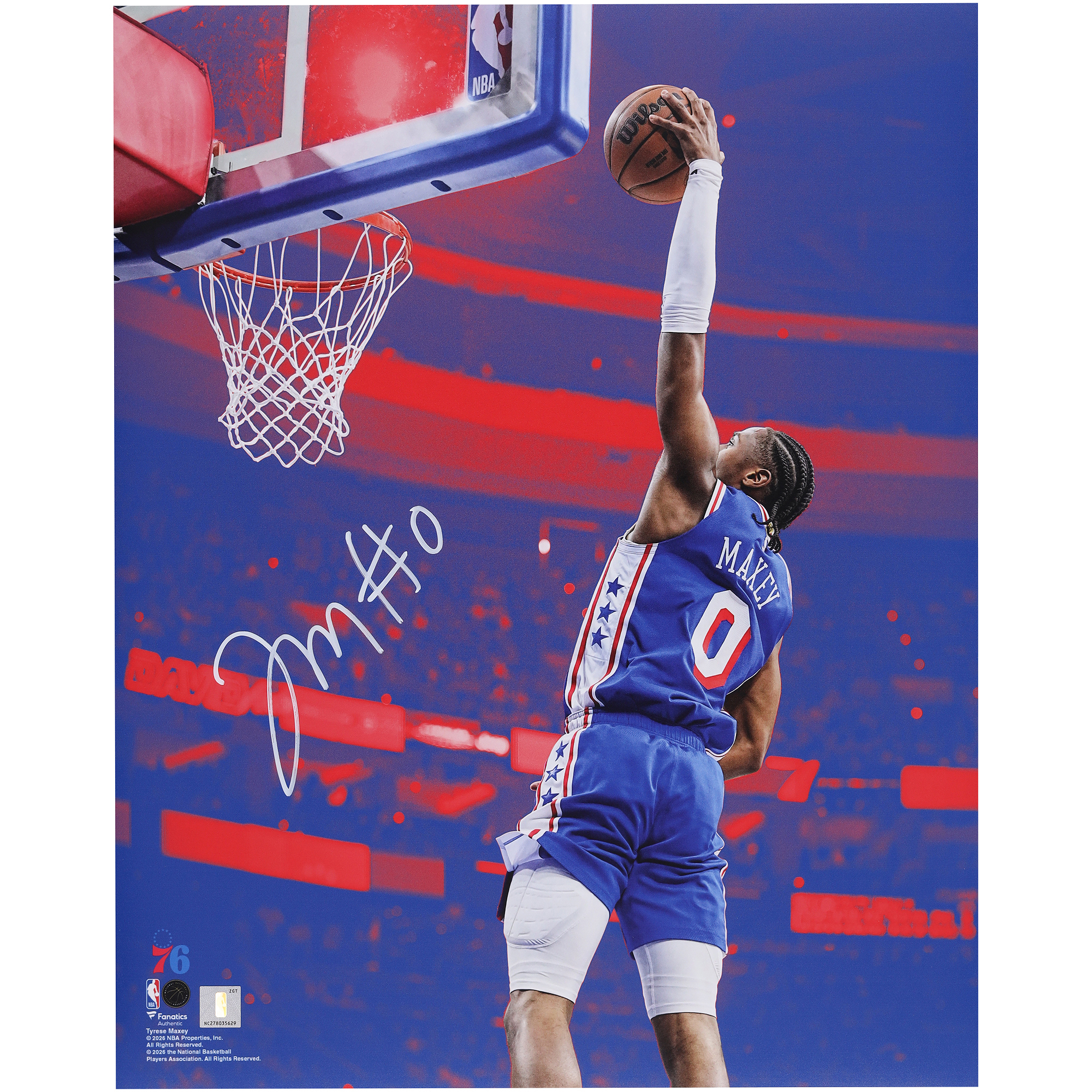 Tyrese Maxey Philadelphia 76ers Autographed 16" x 20" Dunking Colorway Photograph