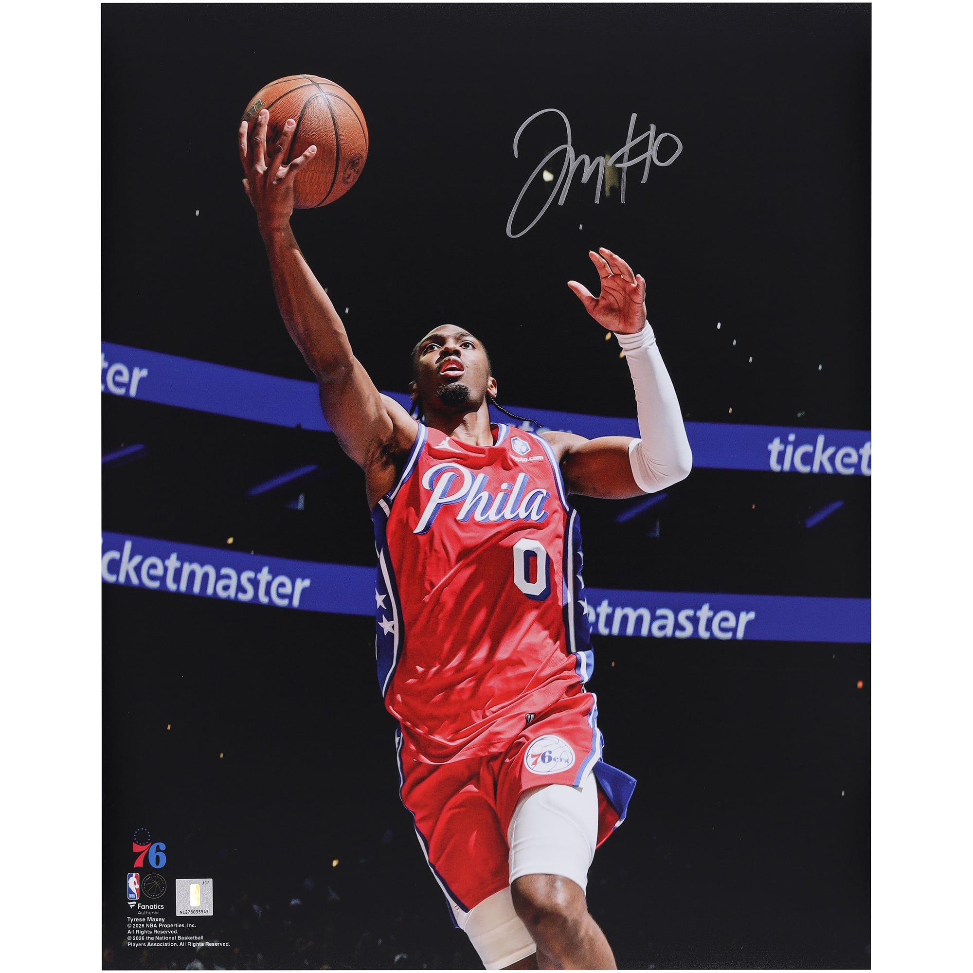 Tyrese Maxey Philadelphia 76ers Autographed 16" x 20" Layup Photograph