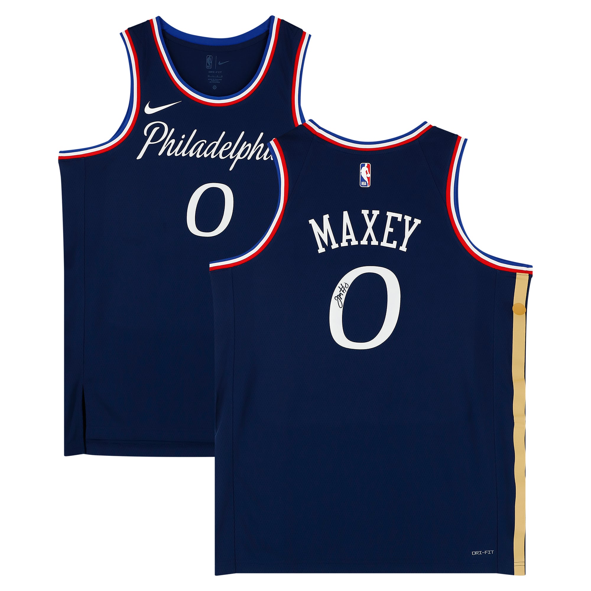 Camiseta Nike City Edition Swingman 2025-26 azul marino autografiada por Tyrese Maxey de los Philadelphia 76ers.