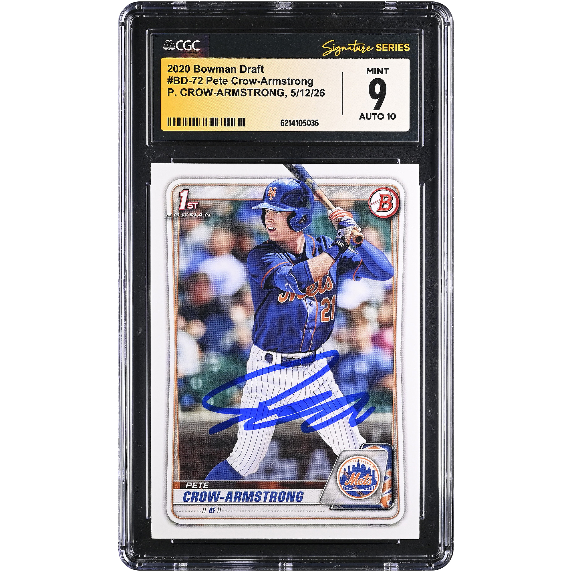 Pete Crow-Armstrong New York Mets Autographed 2020 Bowman Draft #BD-72 CGC Fanatics Witnessed Authenticated /10 Card