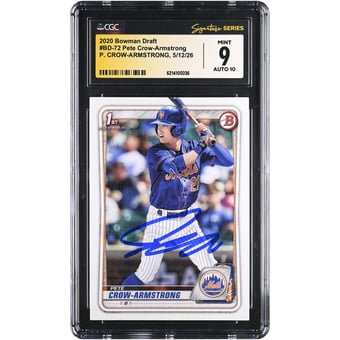 Pete Crow-Armstrong New York Mets Autographed 2020 Bowman Draft #BD-72 CGC Fanatics Witnessed Authenticated /10 Card