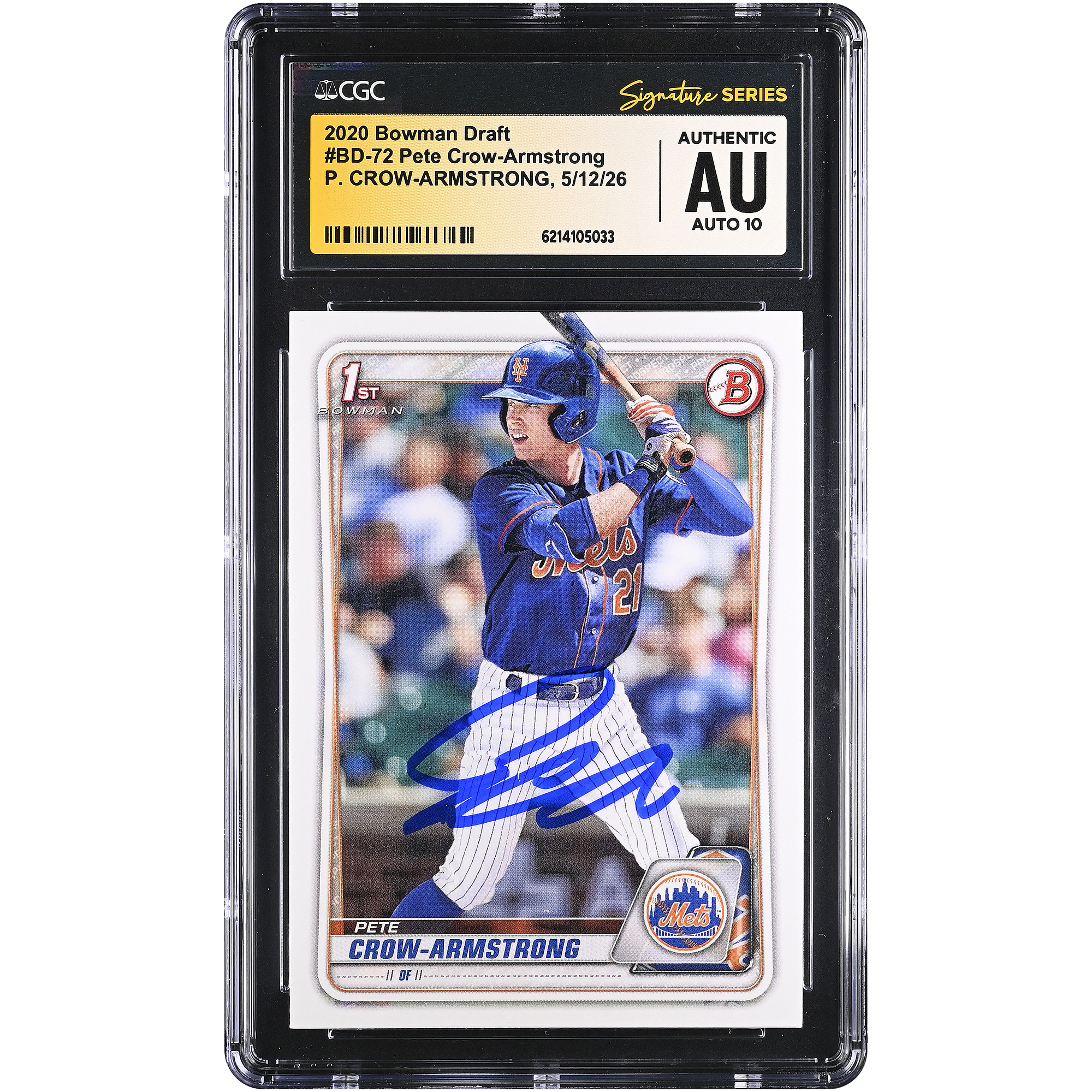 Pete Crow-Armstrong New York Mets Autographed 2020 Bowman Draft #BD-72 CGC Fanatics Witnessed Authenticated AUTO 10 Card