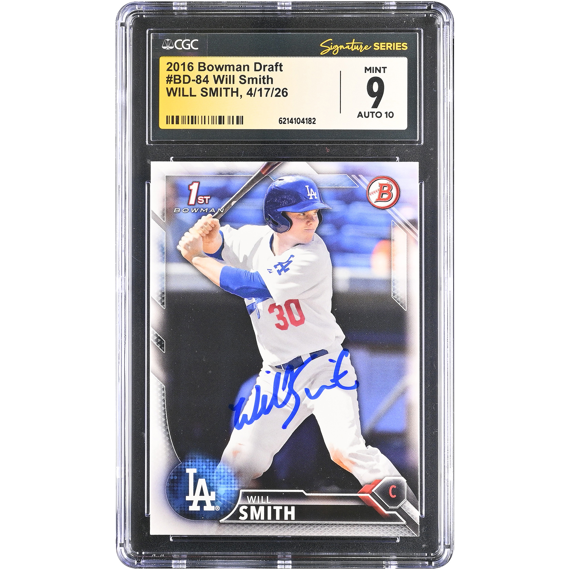 Will Smith Los Angeles Dodgers Autographed 2016 Bowman Draft #BD-84 CGC Fanatics Witnessed Authenticated /10 Card