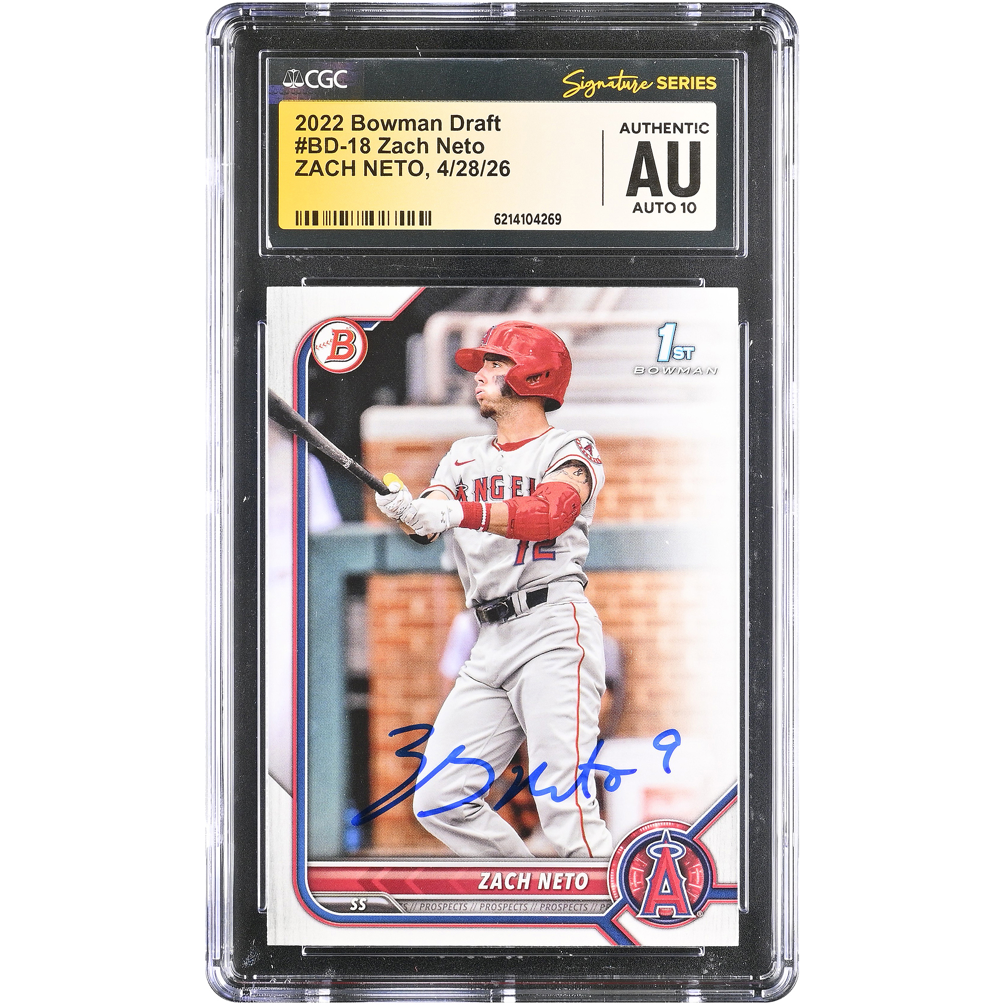 Zach Neto Los Angeles Angels Autographed 2022 Bowman Draft #BD-18 CGC Fanatics Witnessed Authenticated AUTO 10 Card