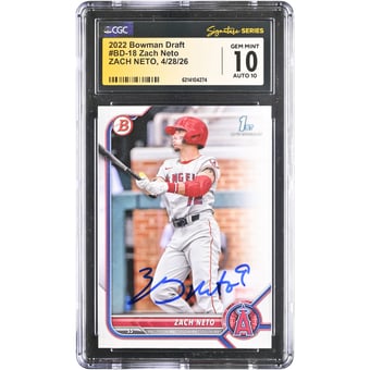 Zach Neto Los Angeles Angels Autographed 2022 Bowman Draft #BD-18 CGC Fanatics Witnessed Authenticated 10/10 Card