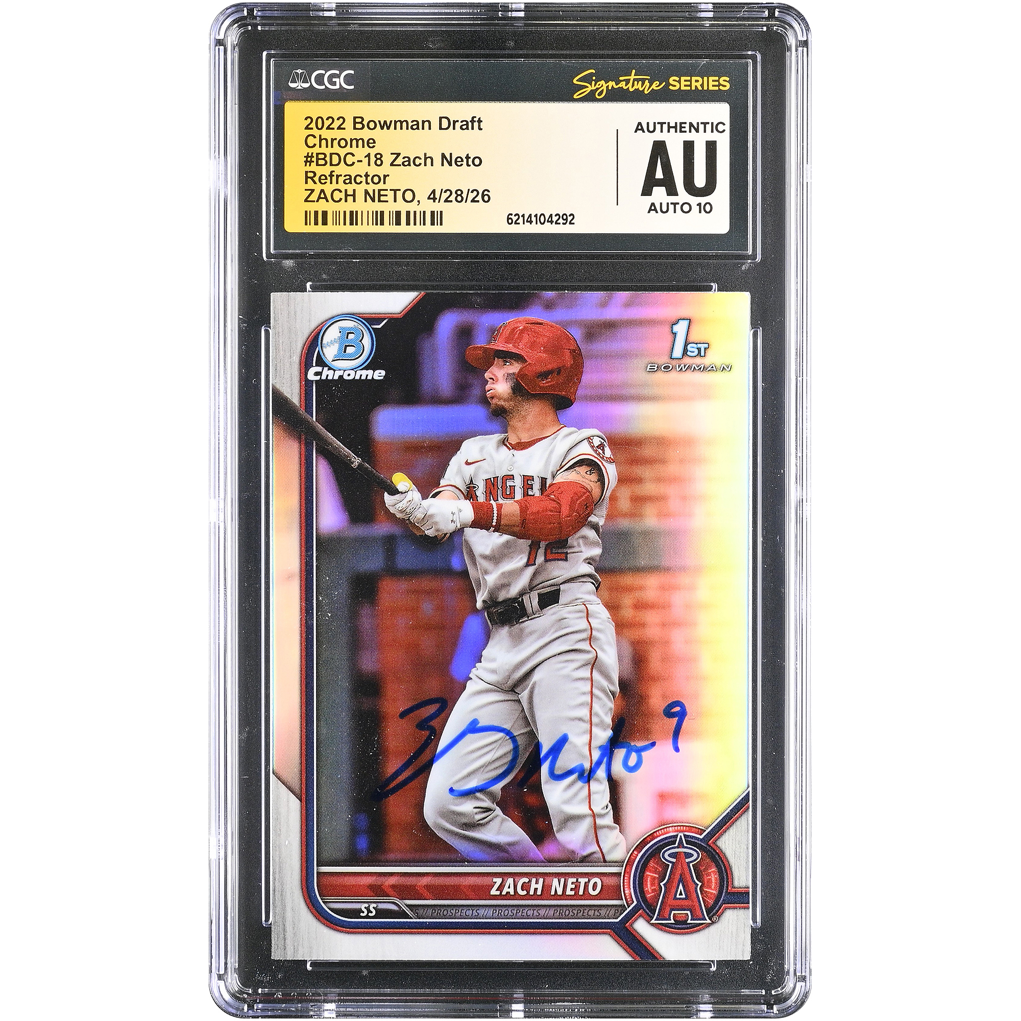 Zach Neto Los Angeles Angels Autographed 2022 Bowman Chrome Draft Refractor #BDC-18 CGC Fanatics Witnessed Authenticated AUTO 10 Card