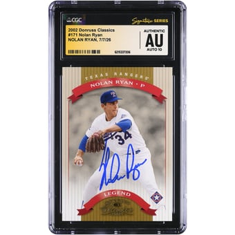 Nolan Ryan Texas Rangers Autographed 2002 Donruss Classics #171 #/1755 CGC Fanatics Witnessed Authenticated AUTO 10 Card