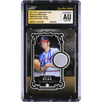 Nolan Ryan California Angels Autographed 2007 SP Legendary Cuts Masterful Materials Relic #MM-NR CGC Fanatics Witnessed Authenticated AUTO 10 Card