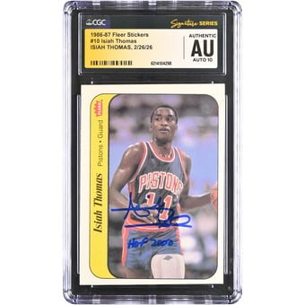 Isiah Thomas Detroit Pistons Autographed 1986-87 Fleer Stickers #10 CGC Fanatics Witnessed Authenticated AUTO 10 Rookie Card with "HOF 2000" Inscription