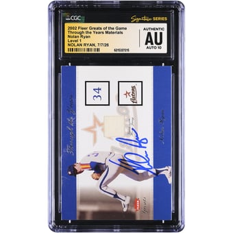 Nolan Ryan Houston Astros Autographed 2002 Fleer Greats of the Game Through the Years Materials Relic #NNO CGC Fanatics Witnessed Authenticated AUTO 10 Card