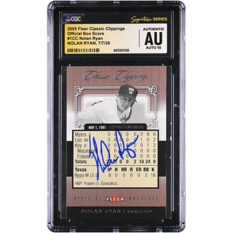 Nolan Ryan Texas Rangers Autographed 2005 Fleer Classic Clippings Official Box Score #1CC #/1991 CGC Fanatics Witnessed Authenticated AUTO 10 Card