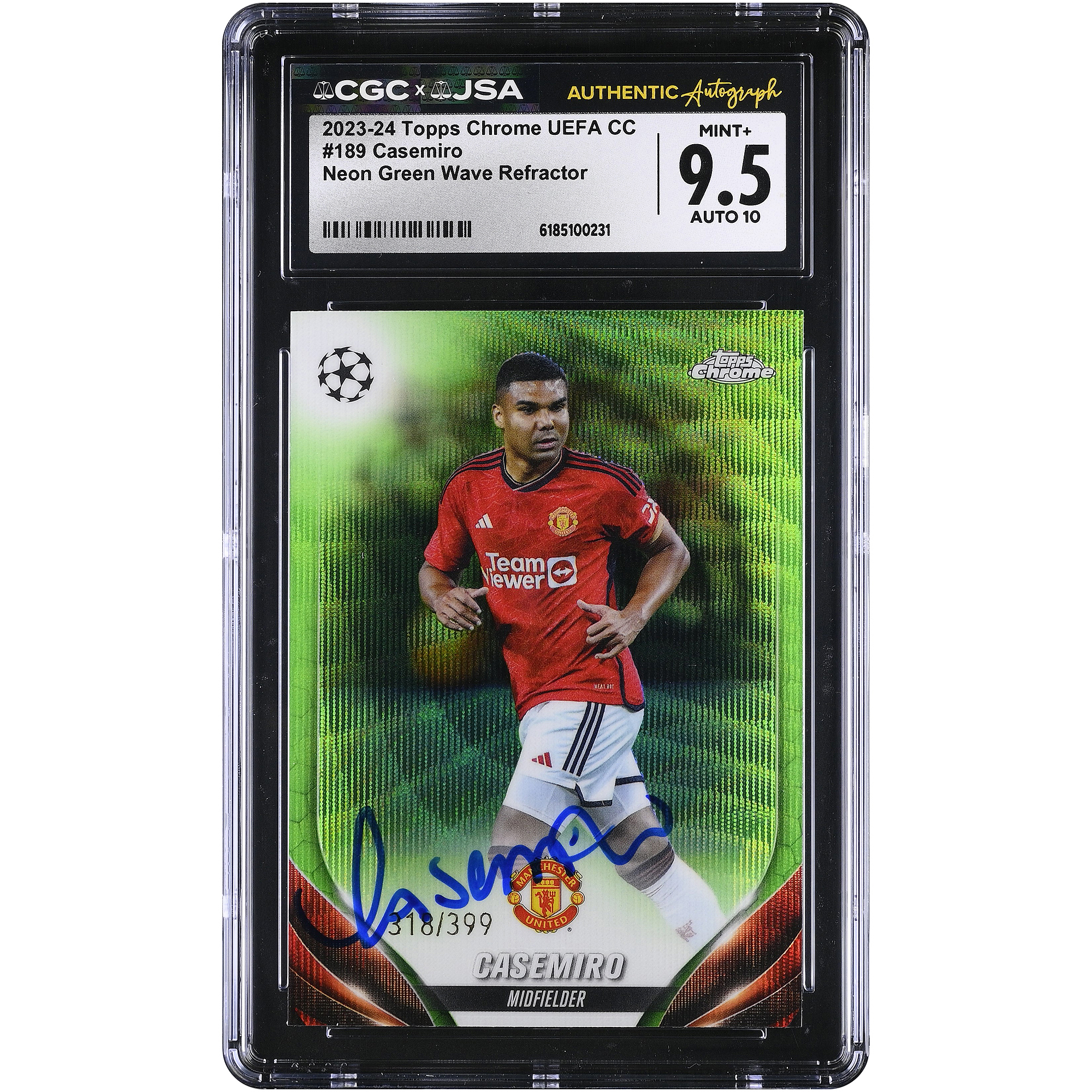 Carlos Casemiro Manchester United Autographed 2023-24 Topps Chrome UEFA CC Neon Green Wave Refractor #189 #/399 CGC Authenticated 9.5/10 Card