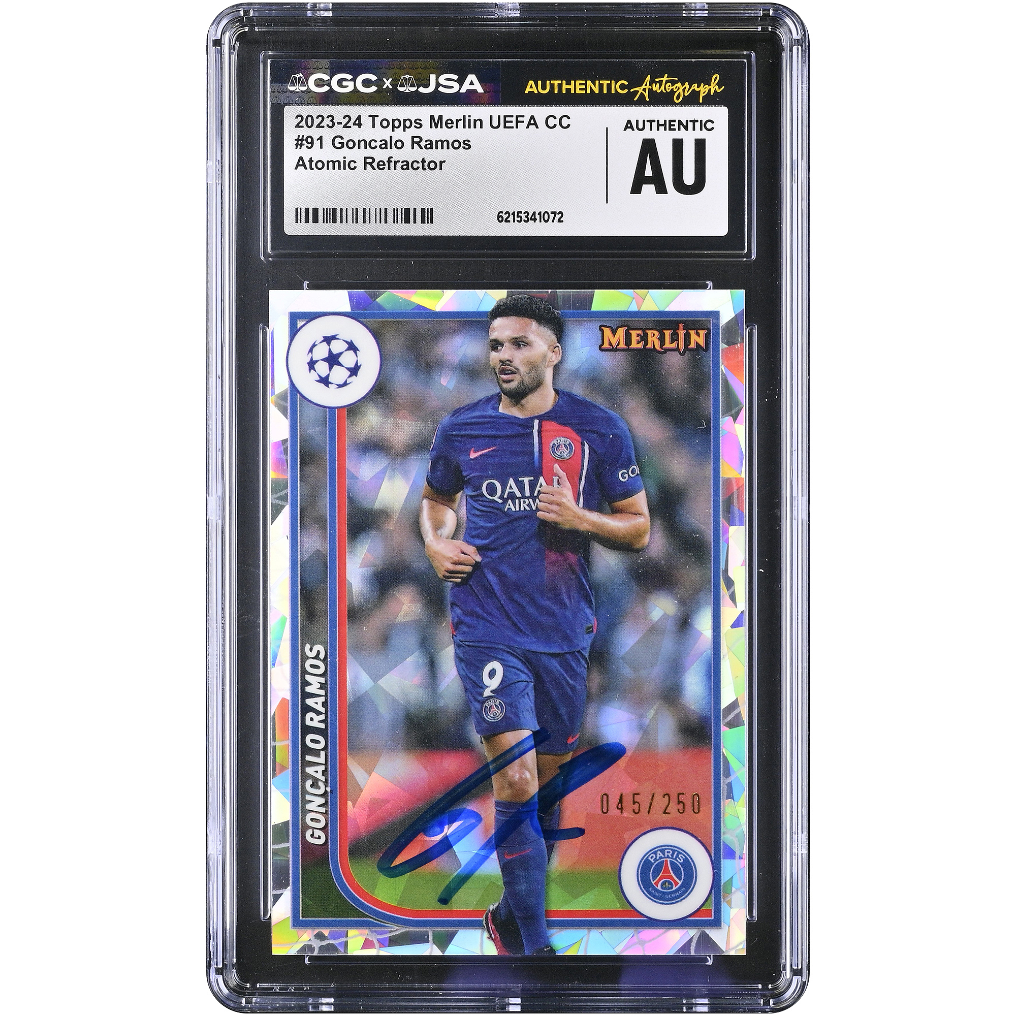 Gonçalo Ramos Paris Saint-Germain Autographed 2023-24 Topps Merlin UEFA CC Atomic Refractor #91 CGC Authenticated Card