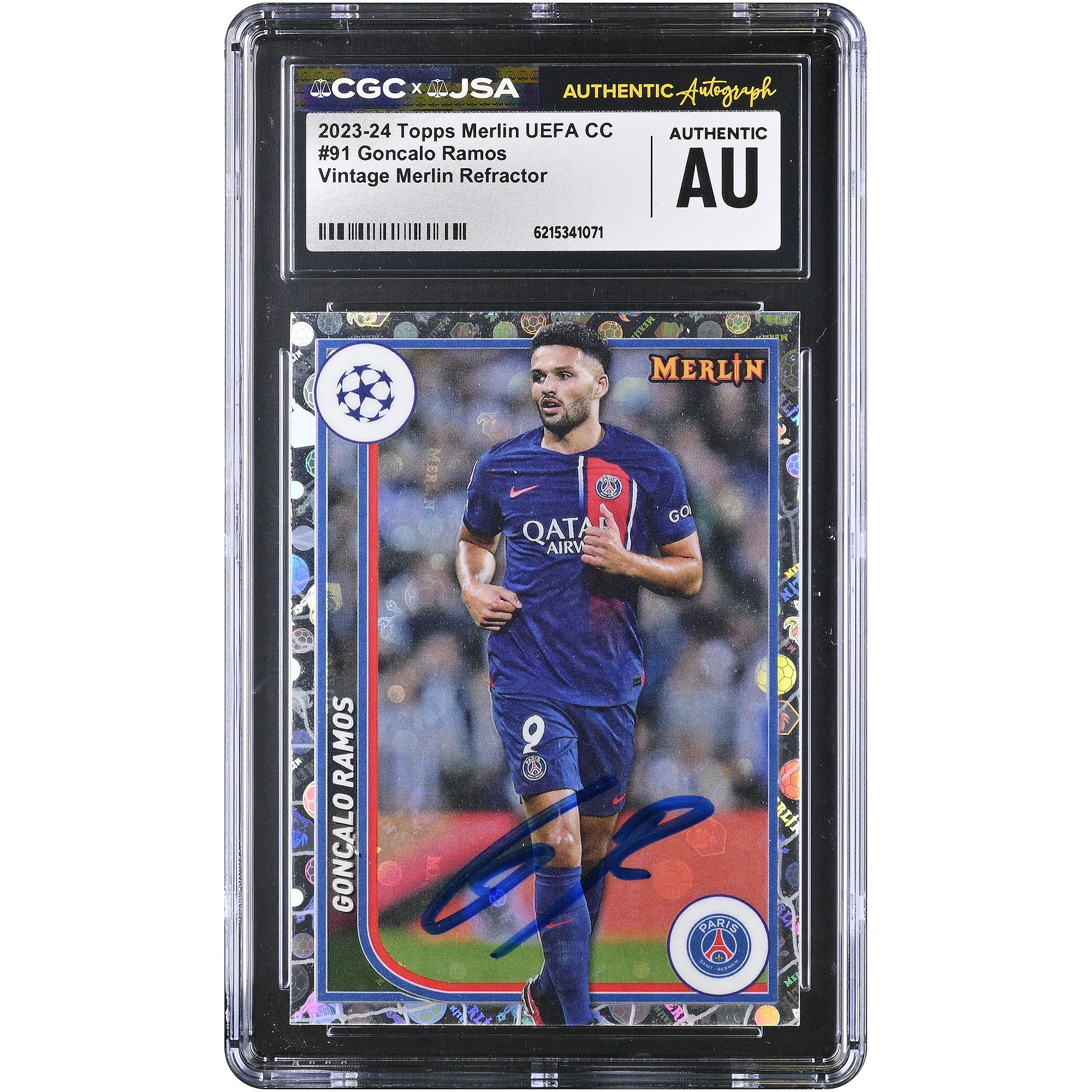 Gonçalo Ramos Paris Saint-Germain Autographed 2023-24 Topps Merlin UEFA CC Vintage Merlin Refractor #91 CGC Authenticated Card