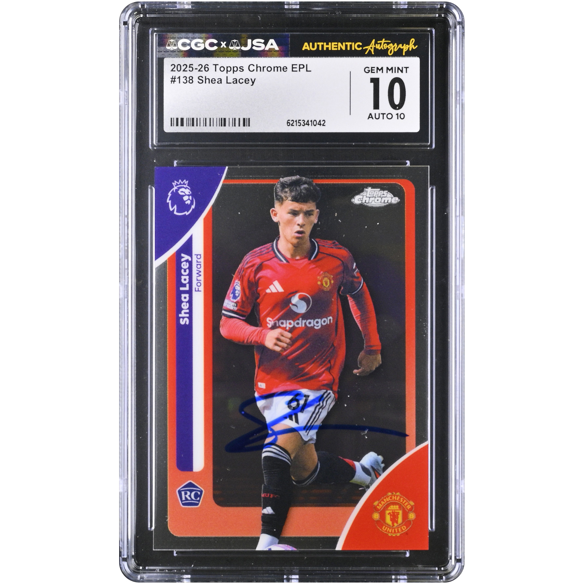 Shea Lacey Manchester United Autographed 2025-26 Topps Chrome EPL #138 CGC Authenticated 10/10 Rookie Card