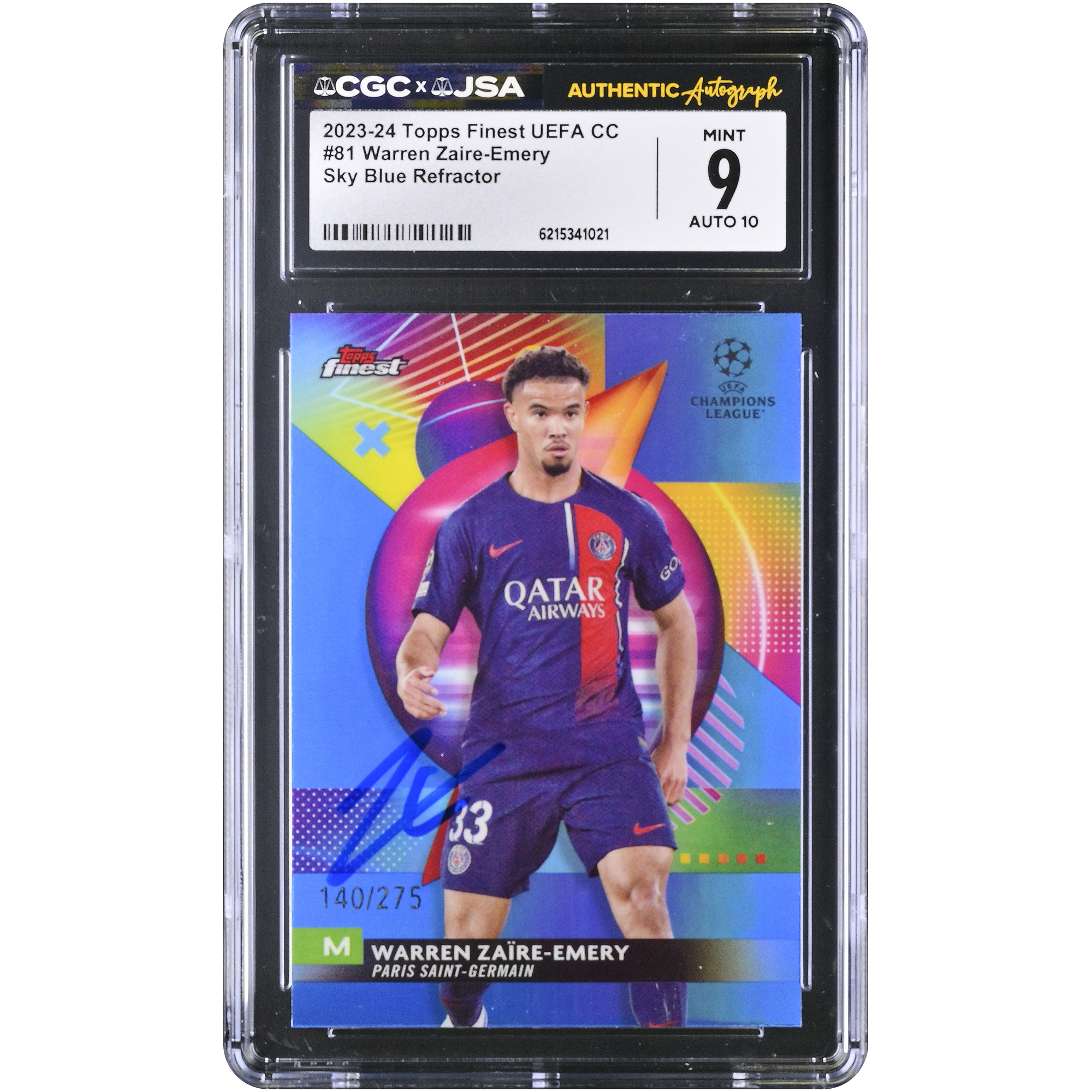 Warren Zaïre-Emery Paris Saint-Germain Autographed 2023-24 Topps Finest UEFA CC Sky Blue Refractor #81 #/275 CGC Authenticated 9/10 Card