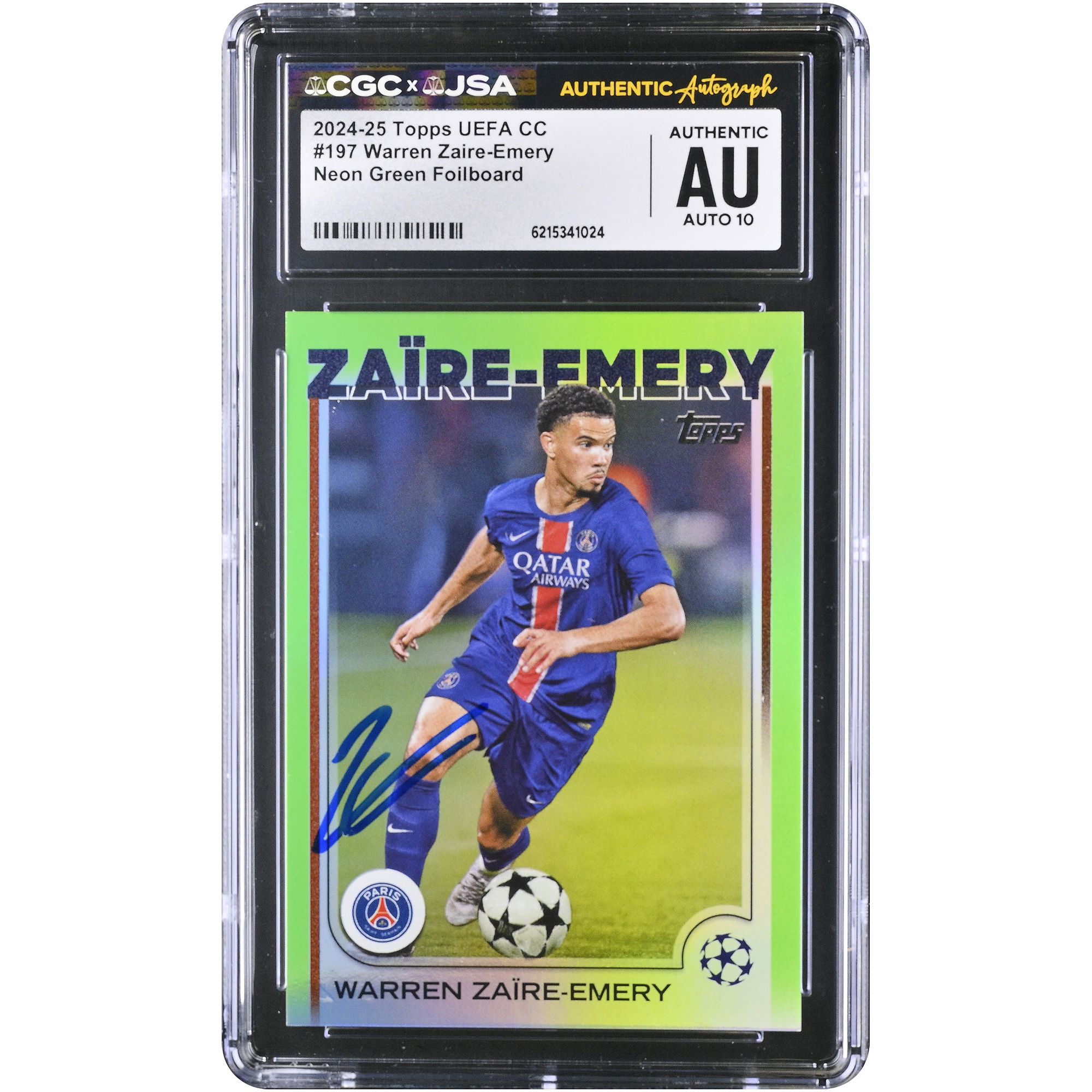 Warren Zaïre-Emery Paris Saint-Germain Autographed 2024-25 Topps UEFA CC Neon Green Foilboard #197 #/199 CGC Authenticated AUTO 10 Card