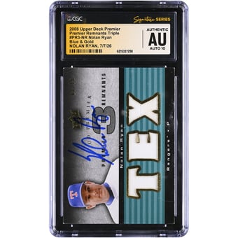 Nolan Ryan Texas Rangers Autographed 2008 Upper Deck Premier Remnants Triple Blue & Gold #PR3-NR #/75 CGC Fanatics Witnessed Authenticated AUTO 10 Card