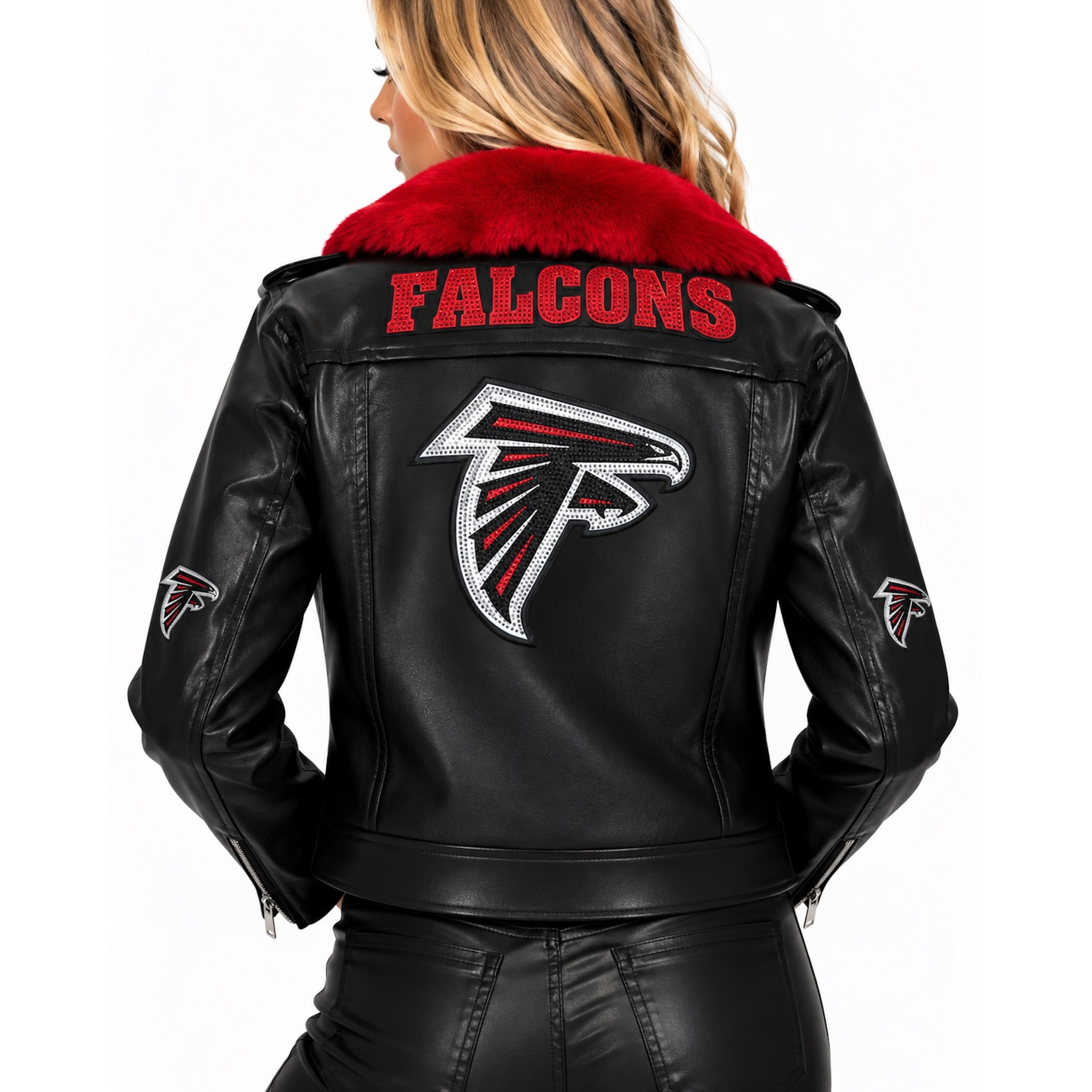 Women's FABGATING by Cuce Black/Red Atlanta Falcons Vegan Leather Faux Fur Moto Full-Snap Jacket