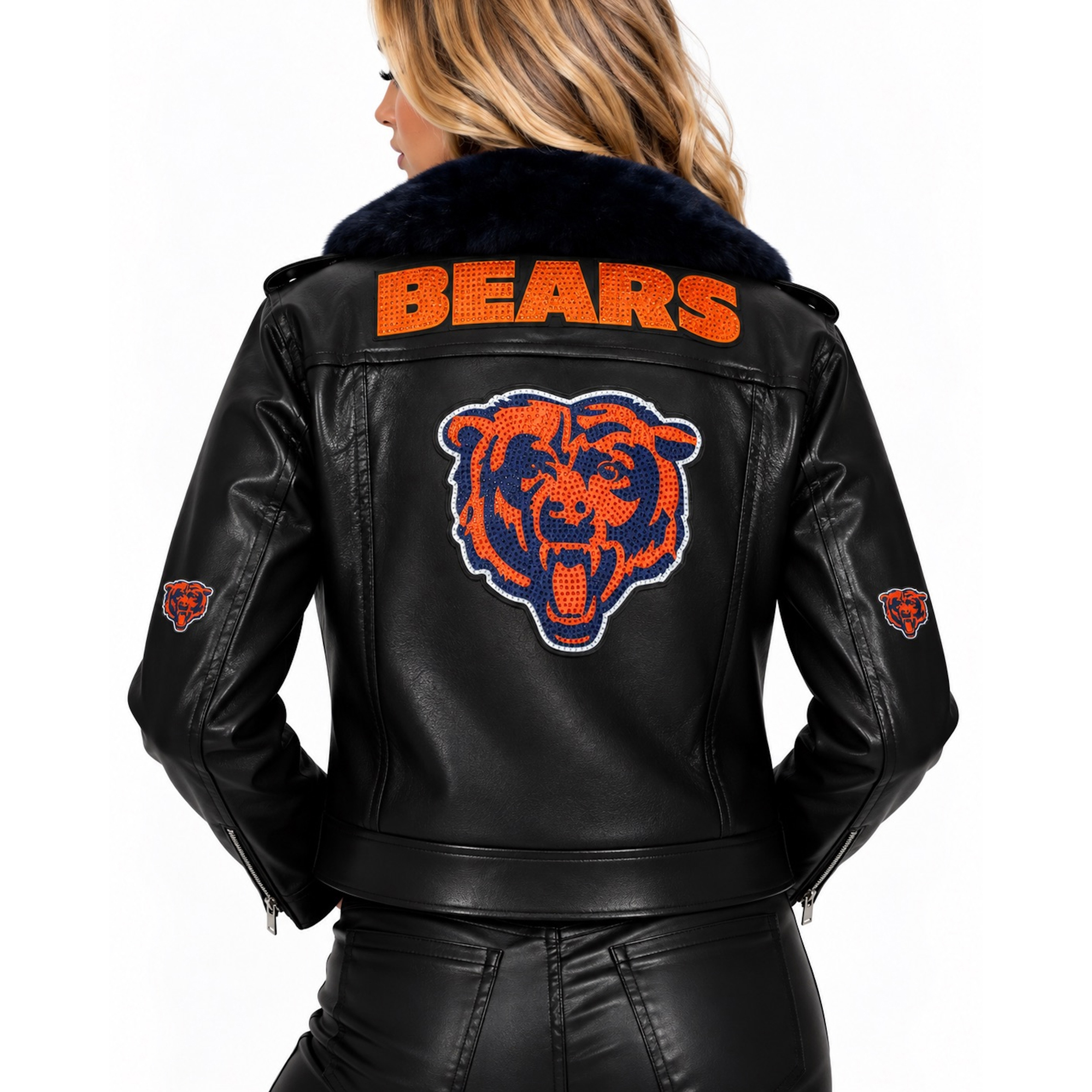 Women's FABGATING by Cuce Black/Navy Chicago Bears Vegan Leather Faux Fur Moto Full-Snap Jacket
