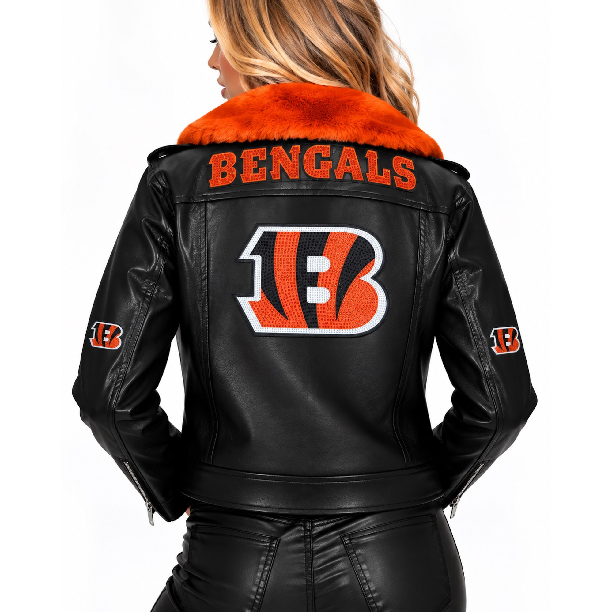 Women's FABGATING by Cuce Black/Orange Cincinnati Bengals Vegan Leather Faux Fur Moto Full-Snap Jacket