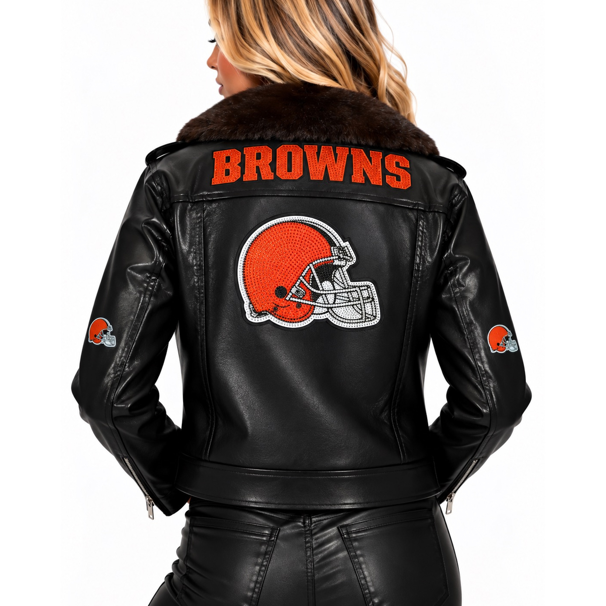 Women's FABGATING by Cuce Black/Brown Cleveland Browns Vegan Leather Faux Fur Moto Full-Snap Jacket