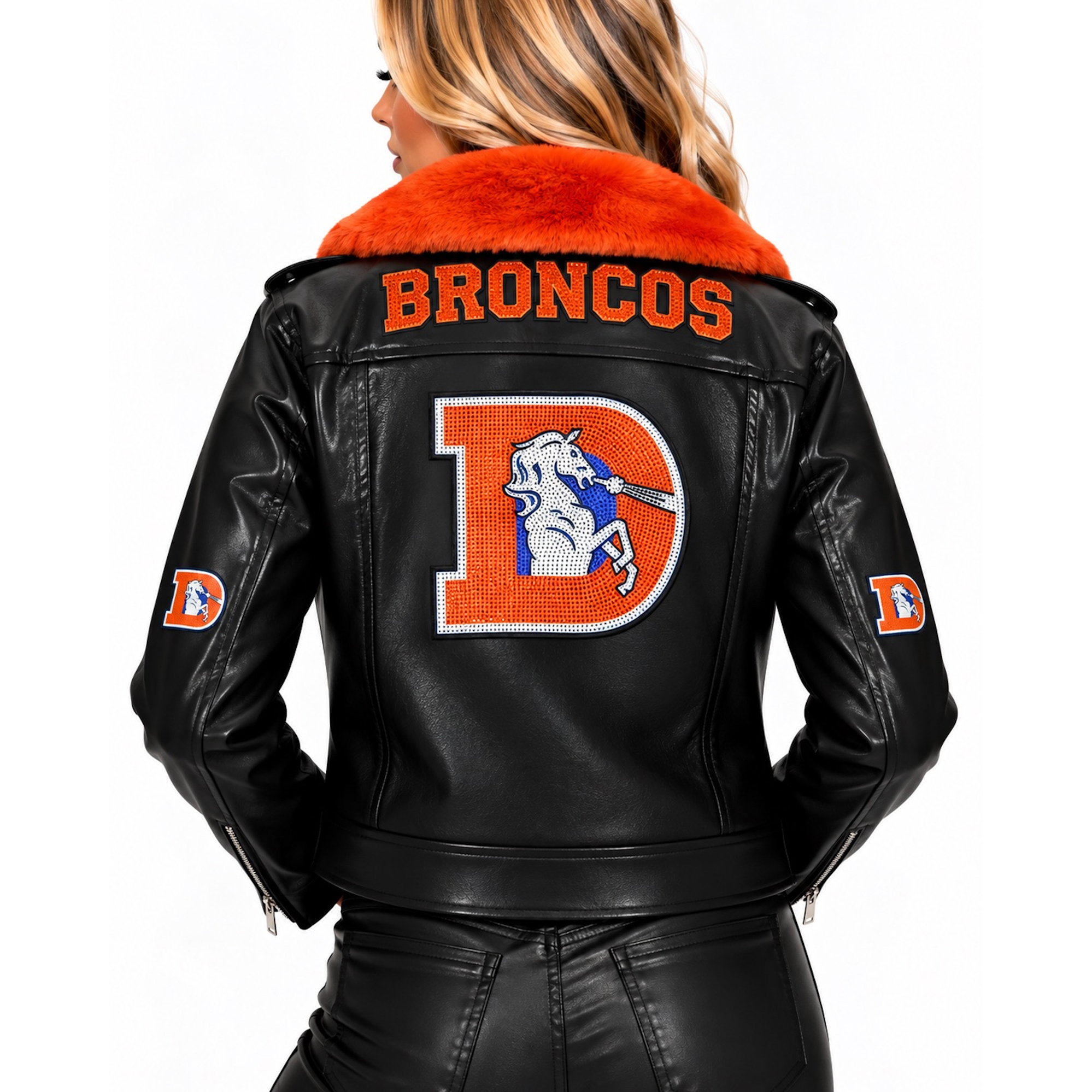 Women's FABGATING by Cuce Black/Orange Denver Broncos Vegan Leather Faux Fur Moto Full-Snap Jacket