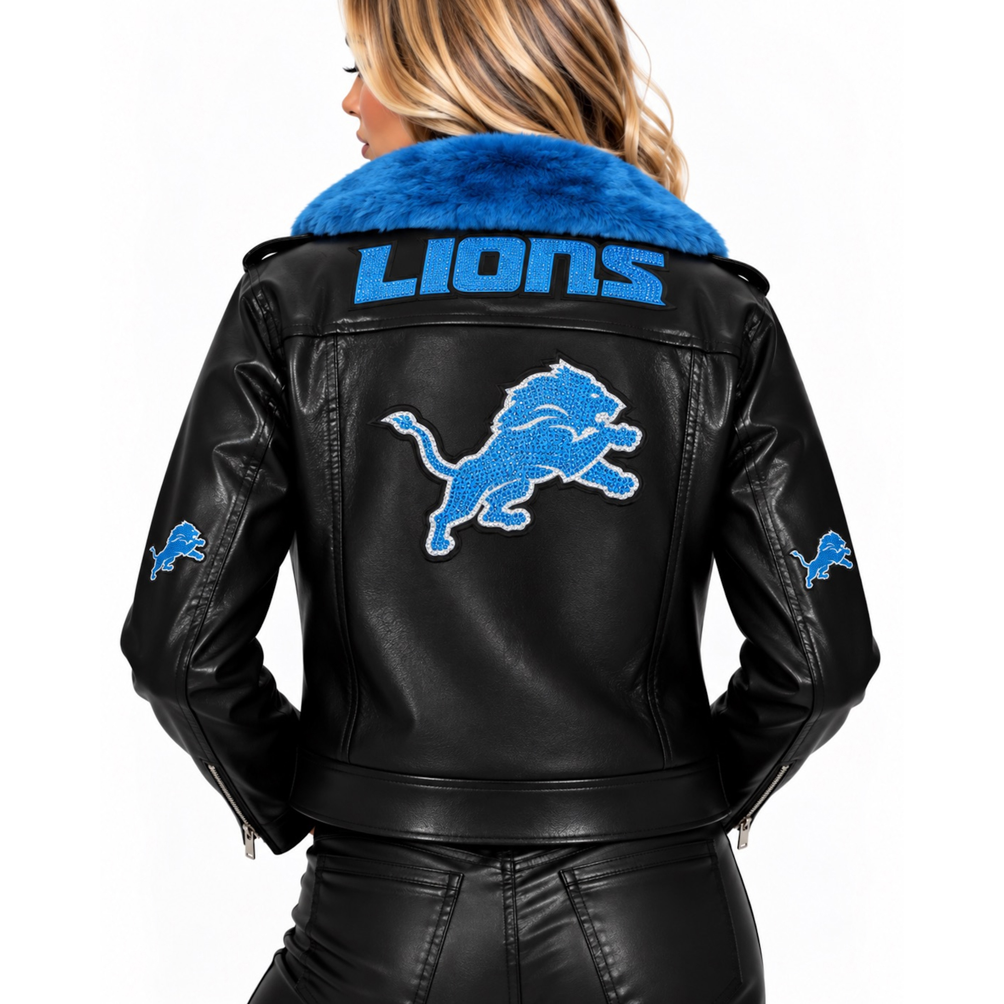 Women's FABGATING by Cuce Black/Blue Detroit Lions Vegan Leather Faux Fur Moto Full-Snap Jacket