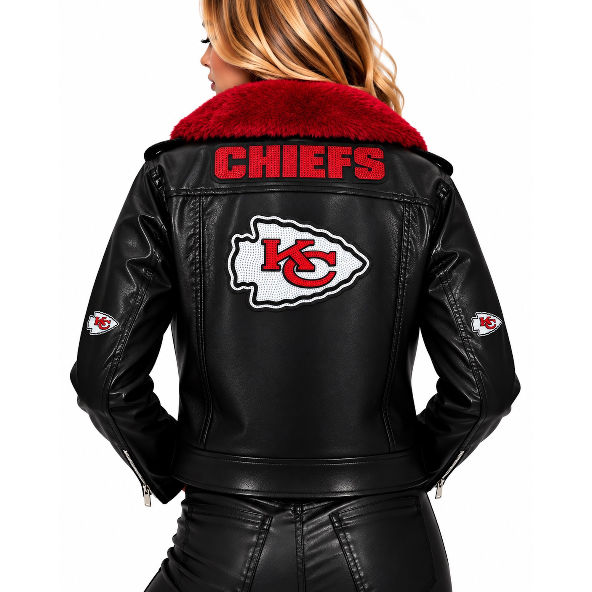 Women's FABGATING by Cuce Black/Red Kansas City Chiefs Vegan Leather Faux Fur Moto Full-Snap Jacket