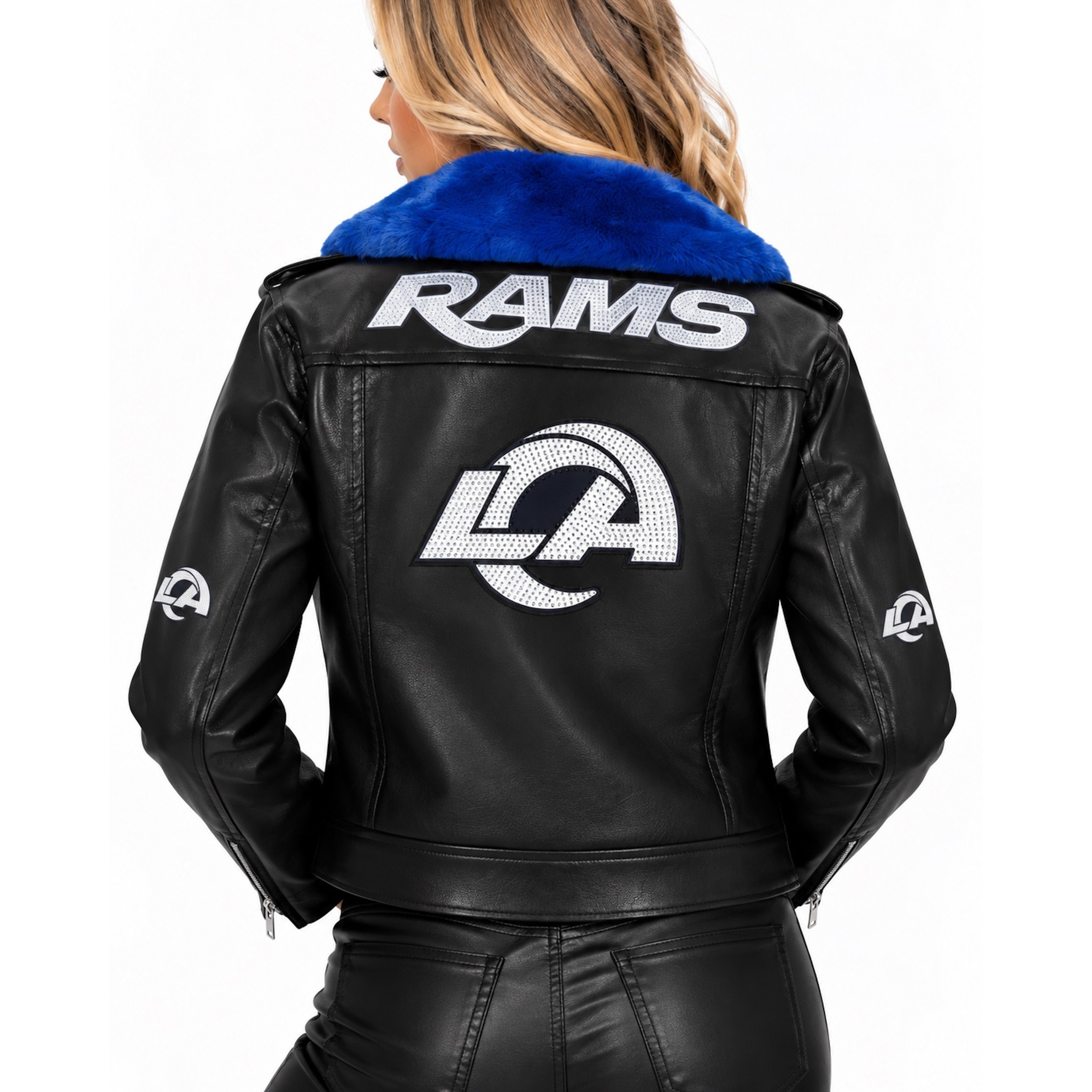 Women's FABGATING by Cuce Black/Royal Los Angeles Rams Vegan Leather Faux Fur Moto Full-Snap Jacket