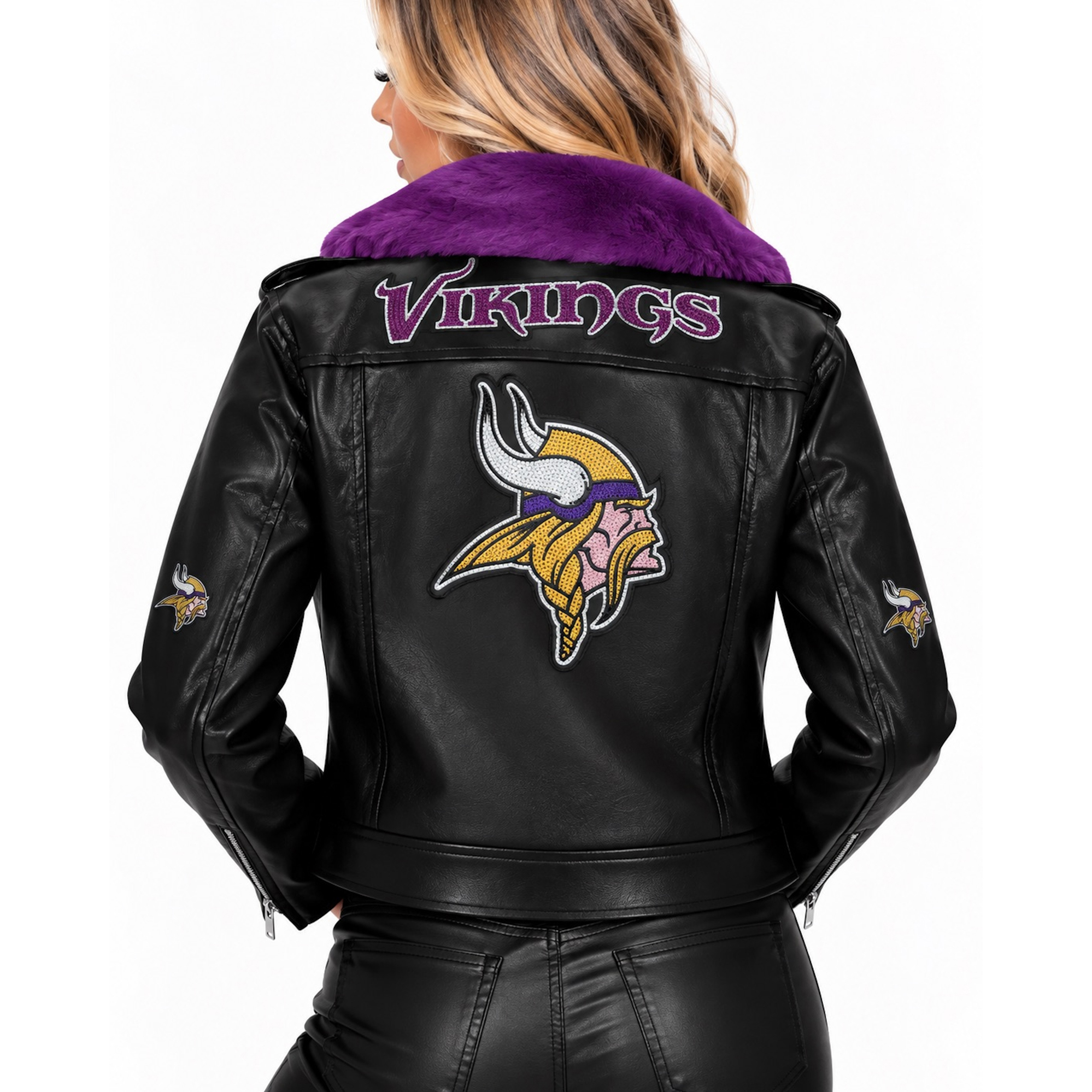 Women's FABGATING by Cuce Black/Purple Minnesota Vikings Vegan Leather Faux Fur Moto Full-Snap Jacket
