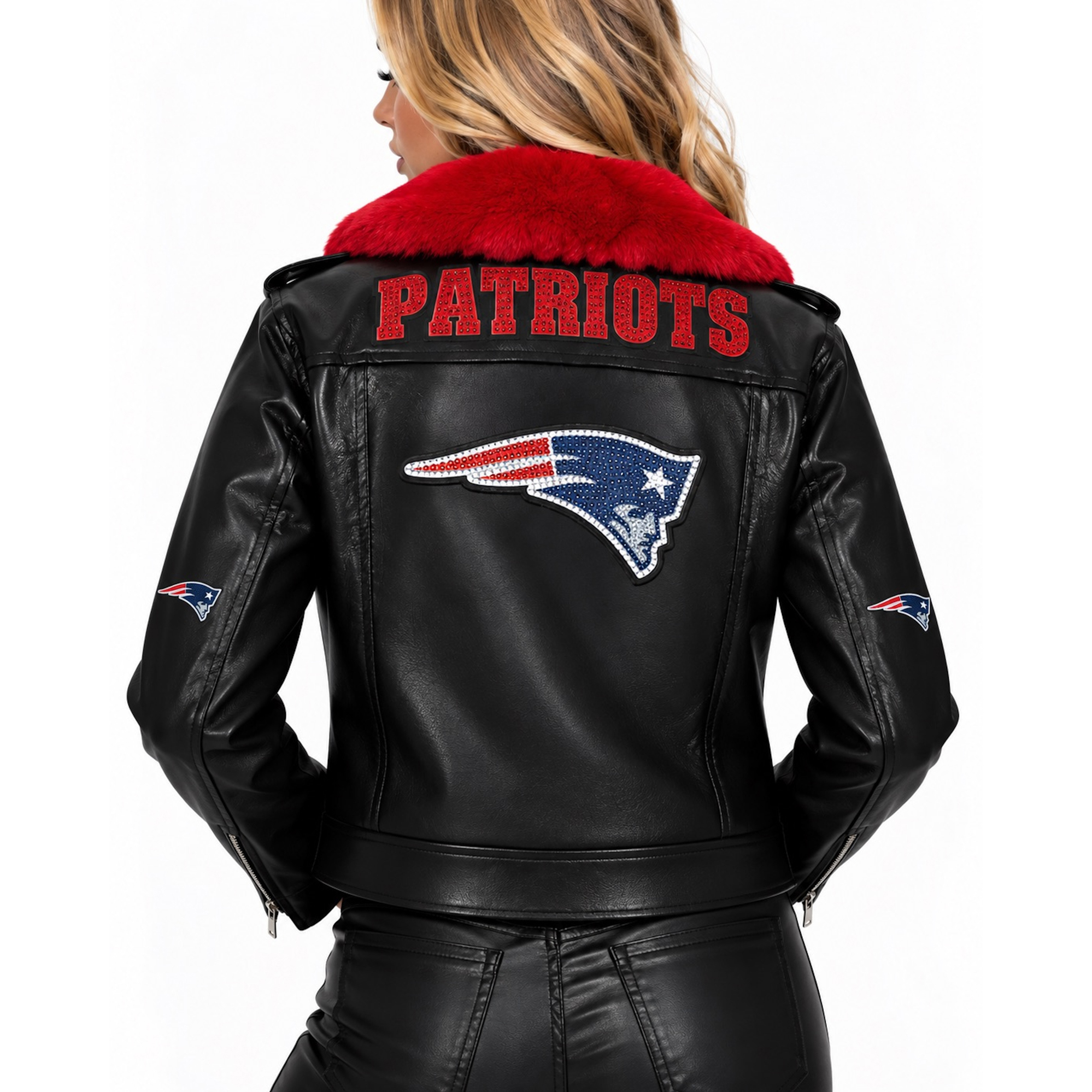 Women's FABGATING by Cuce Black/Red New England Patriots Vegan Leather Faux Fur Moto Full-Snap Jacket