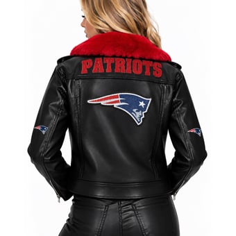 Women's FABGATING by Cuce Black/Red New England Patriots Vegan Leather Faux Fur Moto Full-Snap Jacket