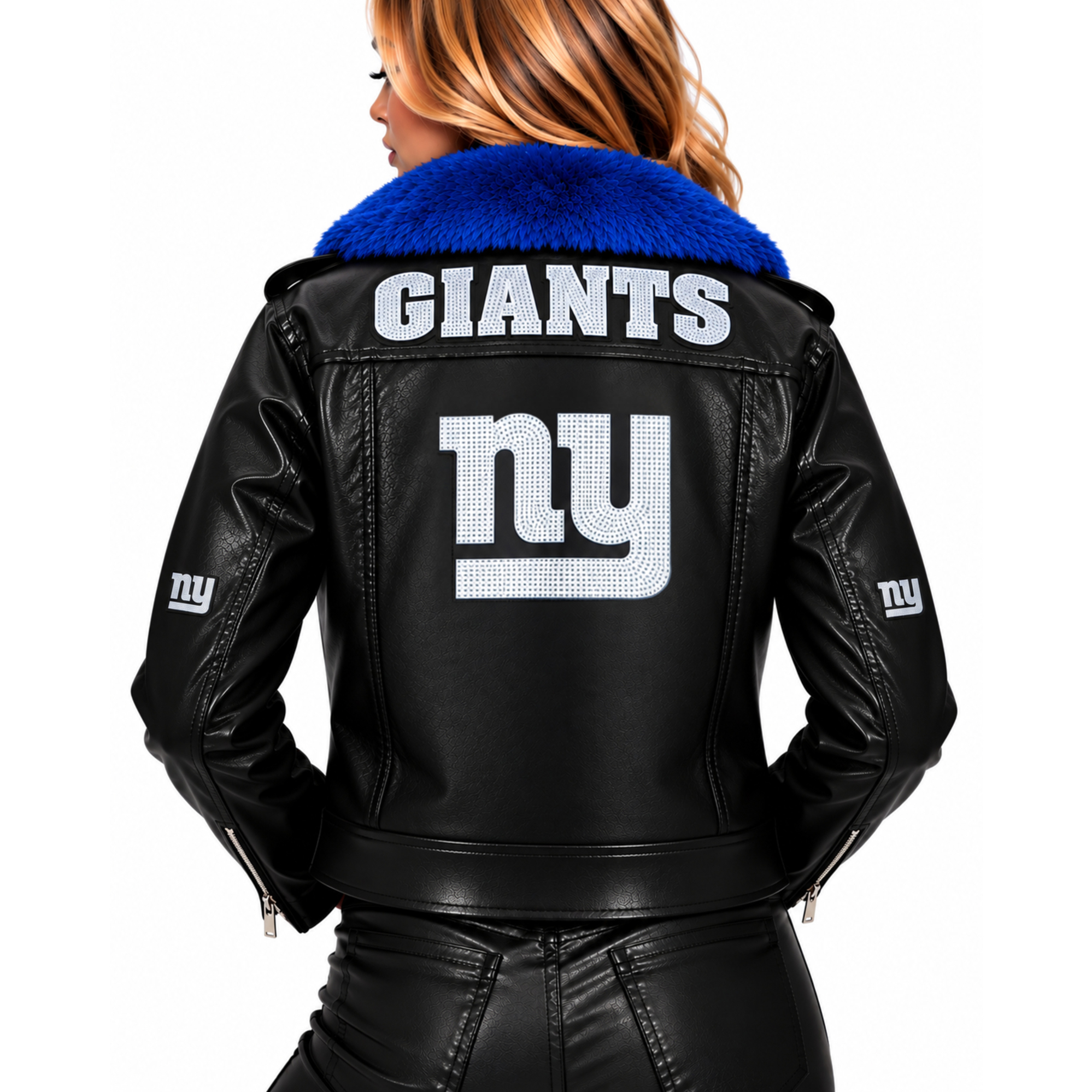 Women's FABGATING by Cuce Black/Royal New York Giants Vegan Leather Faux Fur Moto Full-Snap Jacket