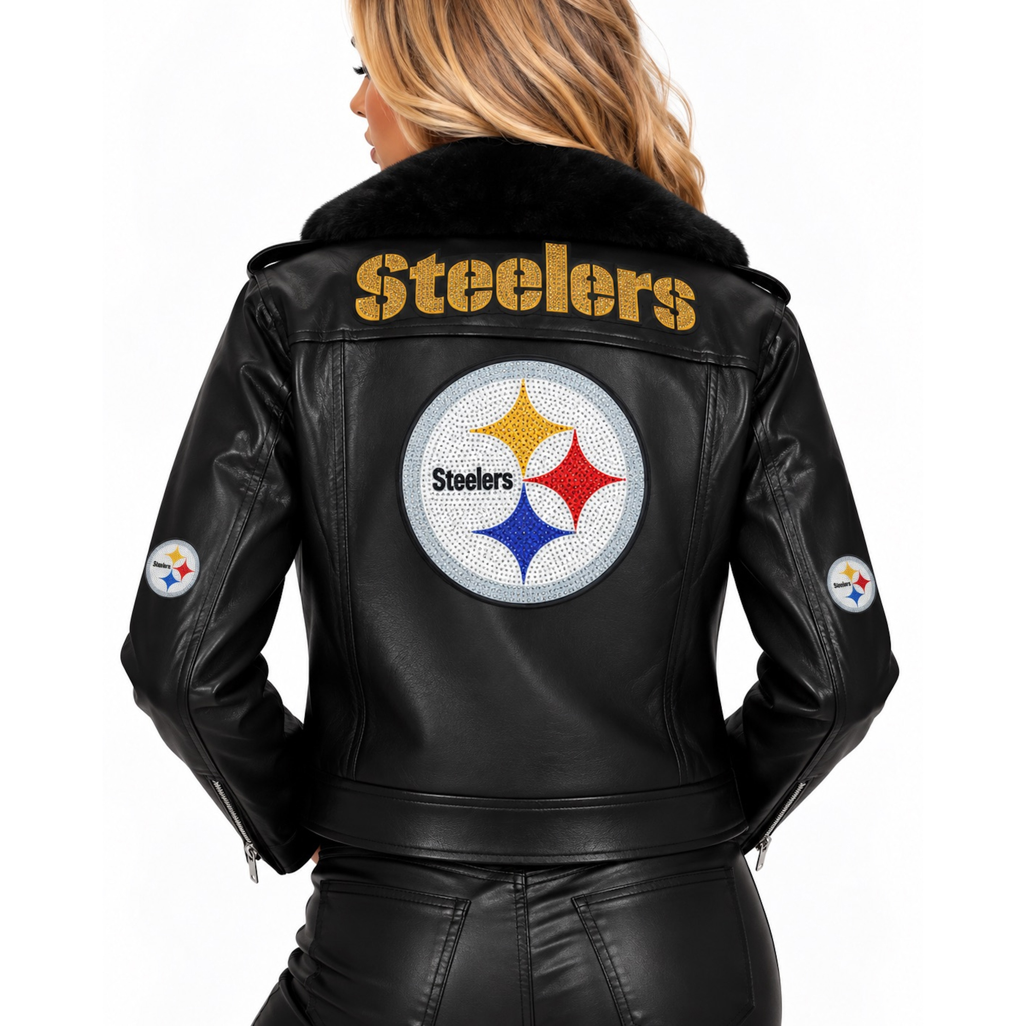 Women's FABGATING by Cuce Black/Black Pittsburgh Steelers Vegan Leather Faux Fur Moto Full-Snap Jacket