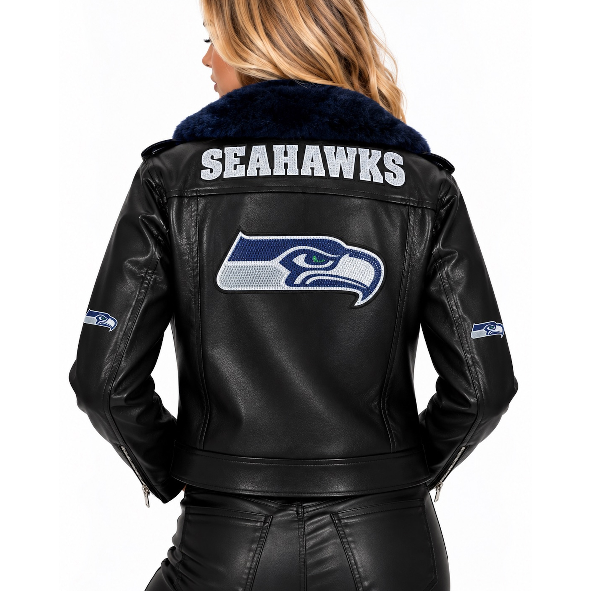 Women's FABGATING by Cuce Black/College Navy Seattle Seahawks Vegan Leather Faux Fur Moto Full-Snap Jacket