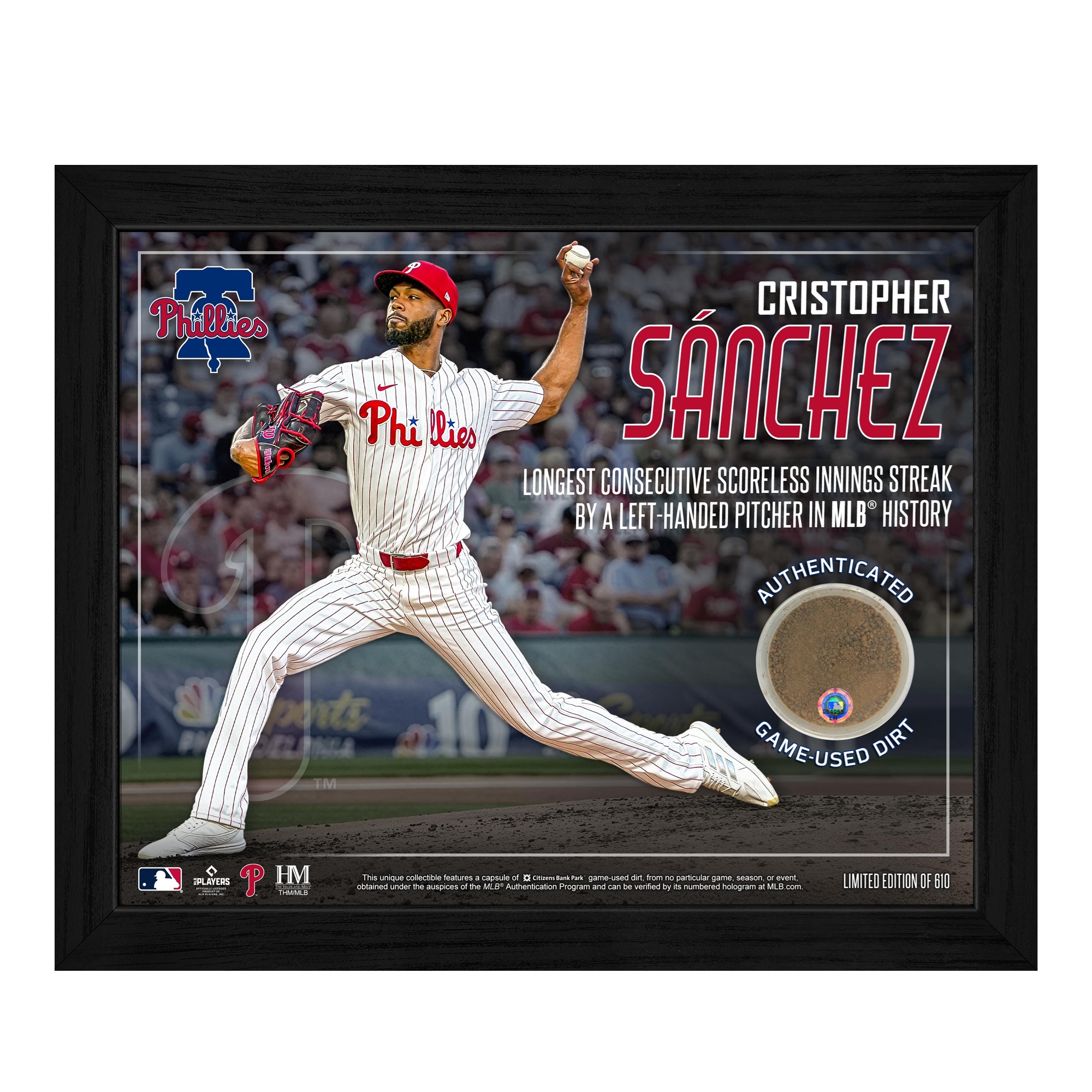 Cristopher Sanchez Philadelphia Phillies 9" x 11" Scoreless Innings Framed Photograph with Game-Used Dirt Slab