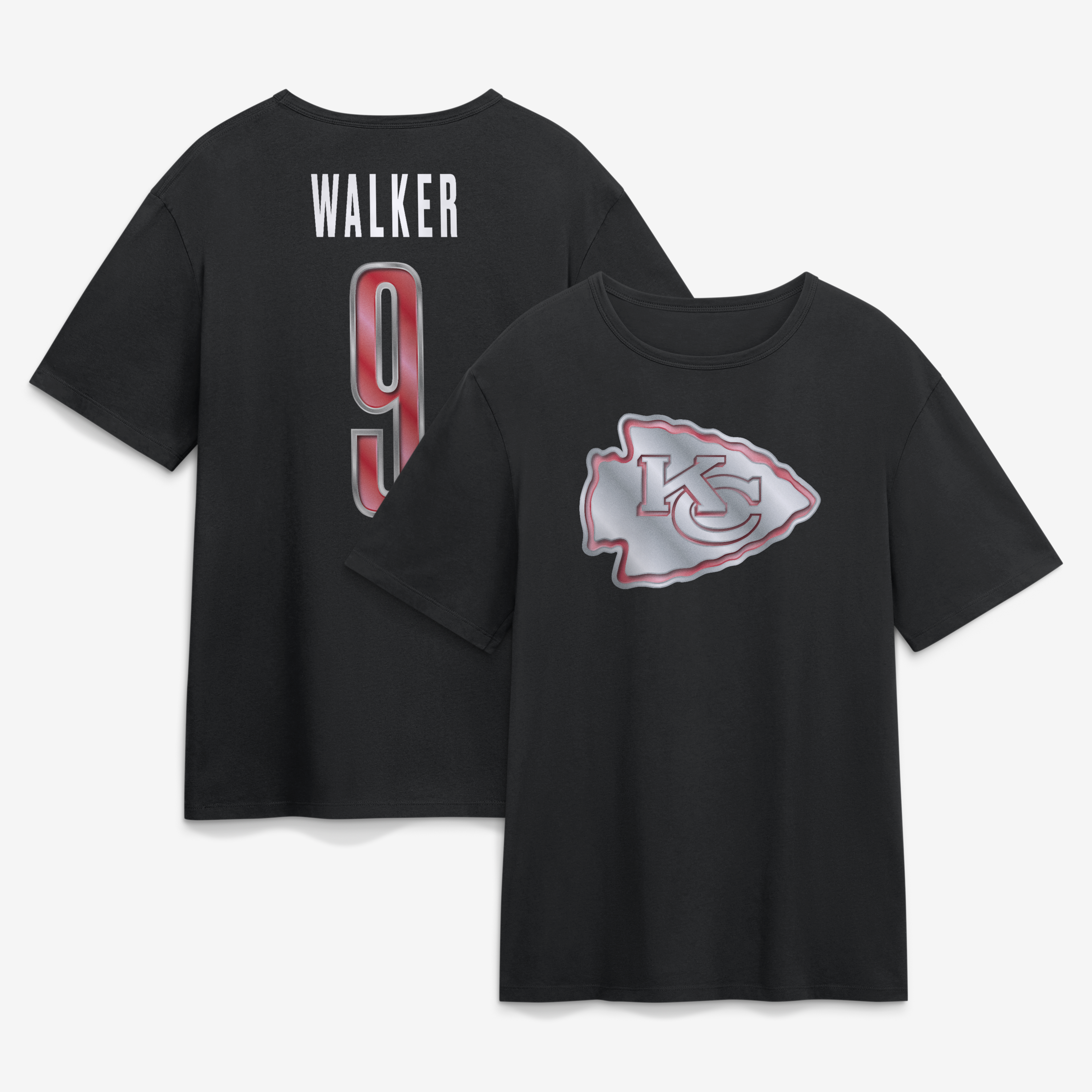 Men's Kenneth Walker III Black Kansas City Chiefs Metallic Mascot Name & Number T-Shirt