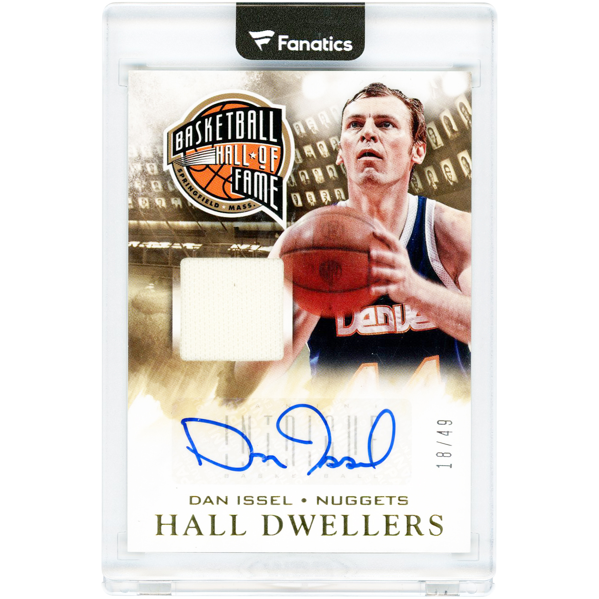 Dan Issel Denver Nuggets Autographed 2013-14 Panini Intrigue Hall Dwellers Game Used Jersey Relic #HD-DI #18/49 Card