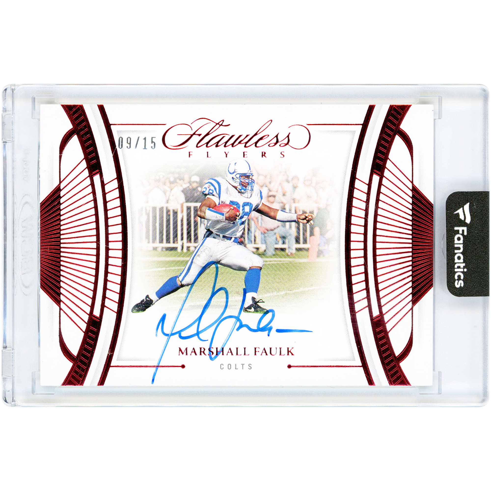 Marshall Faulk Indianapolis Colts Autographed 2024 Panini Flawless Flawless Flyers Ruby #FF-MFK #9/15 Card