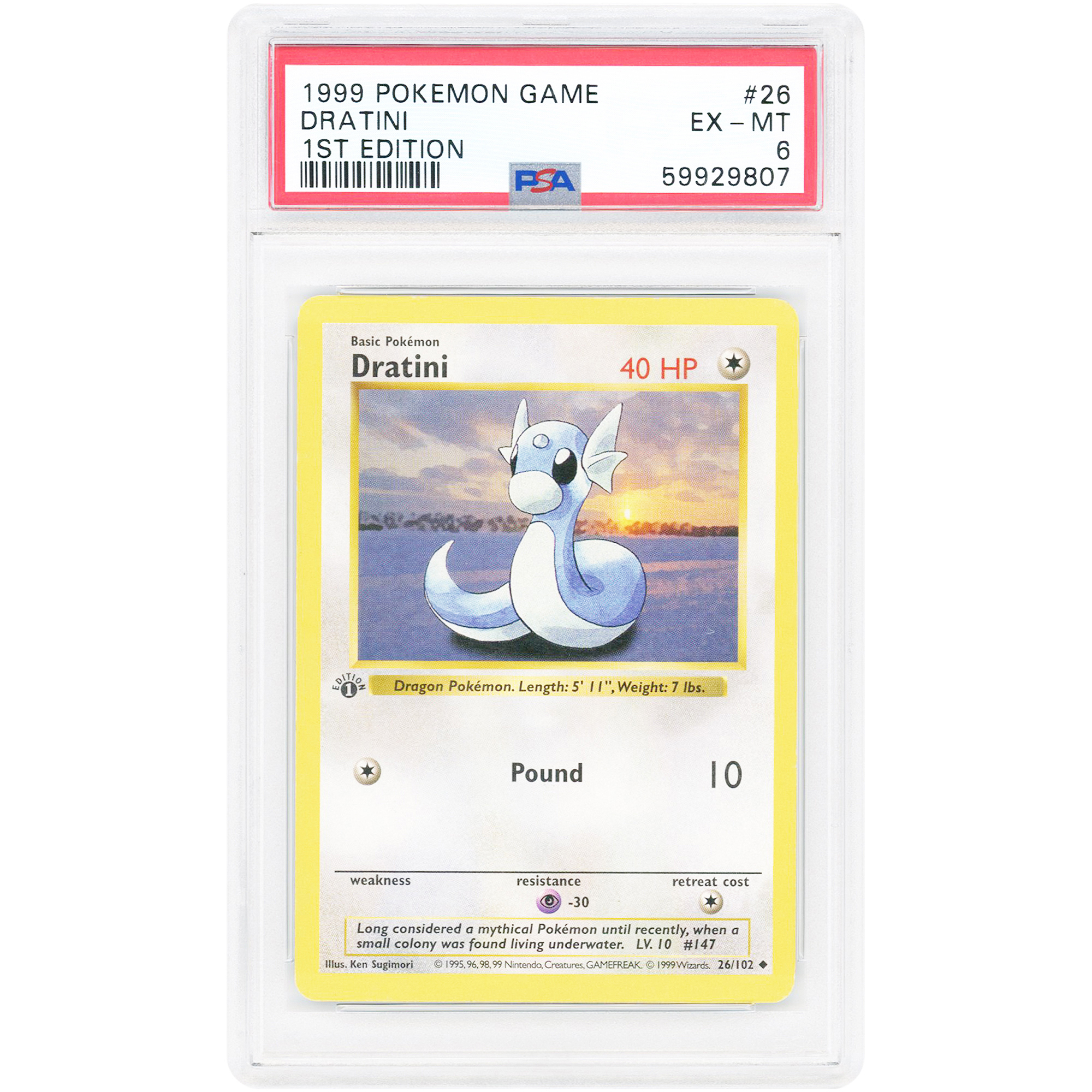 Dratini 1999 Pokemon Base Set 1st Edition Shadowless #26 PSA Authenticated 6 Card