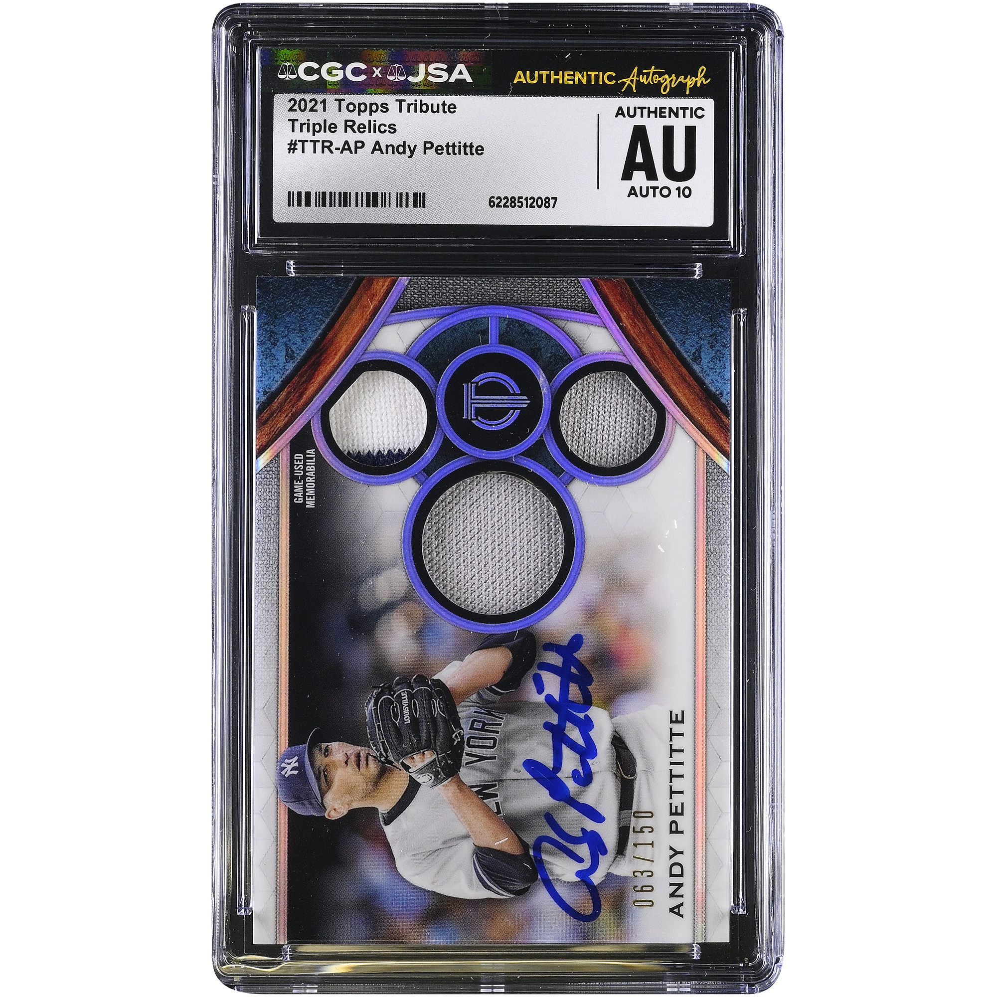 Andy Pettitte New York Yankees Autographed 2021 Topps Tribute Triple Relics #TTR-AP #/150 CGC Authenticated AUTO 10 Card