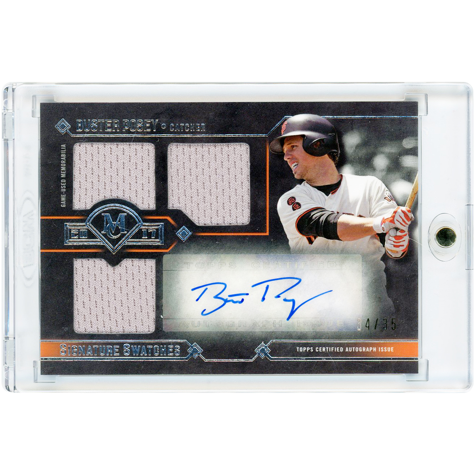 Buster Posey San Francisco Giants Autographed 2017 Topps Museum Collection Signature Swatches Triple Game Used Jersey Relics #TRA-BPO #34/35 Card