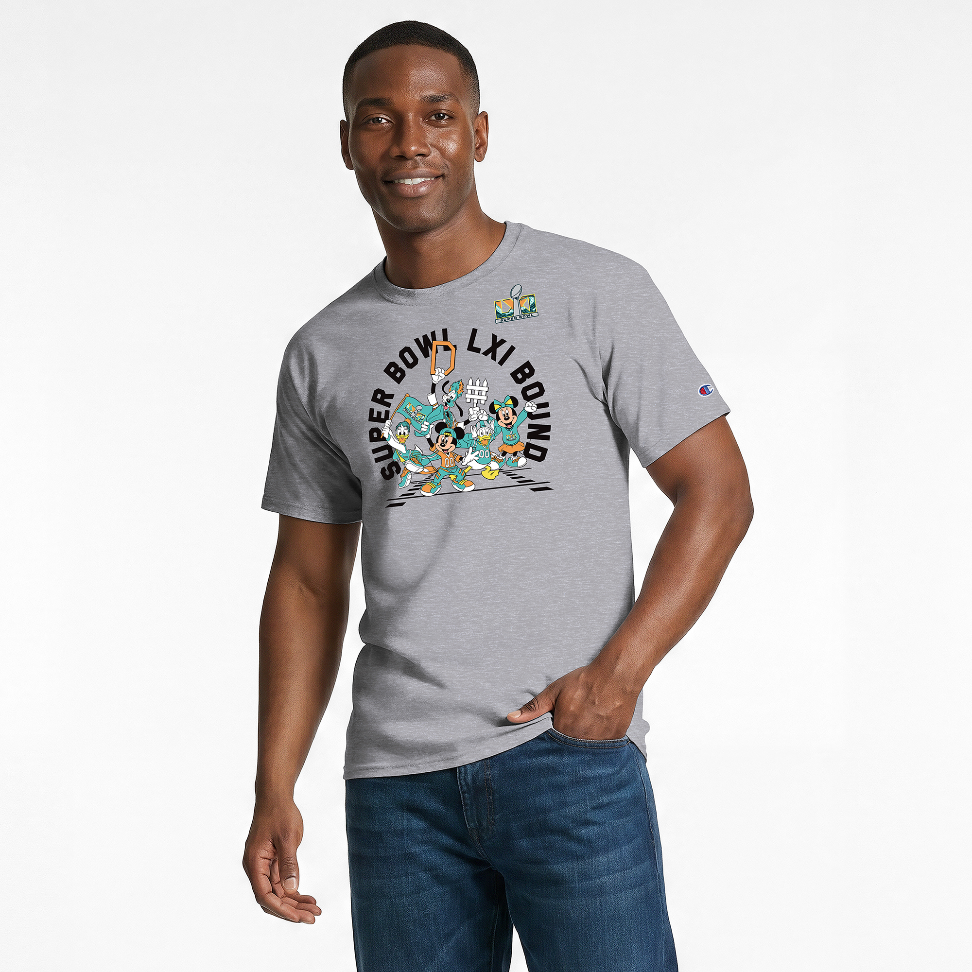 Men's Champion X Disney Gray Road To Super Bowl LXI Mickey & Friends T-Shirt