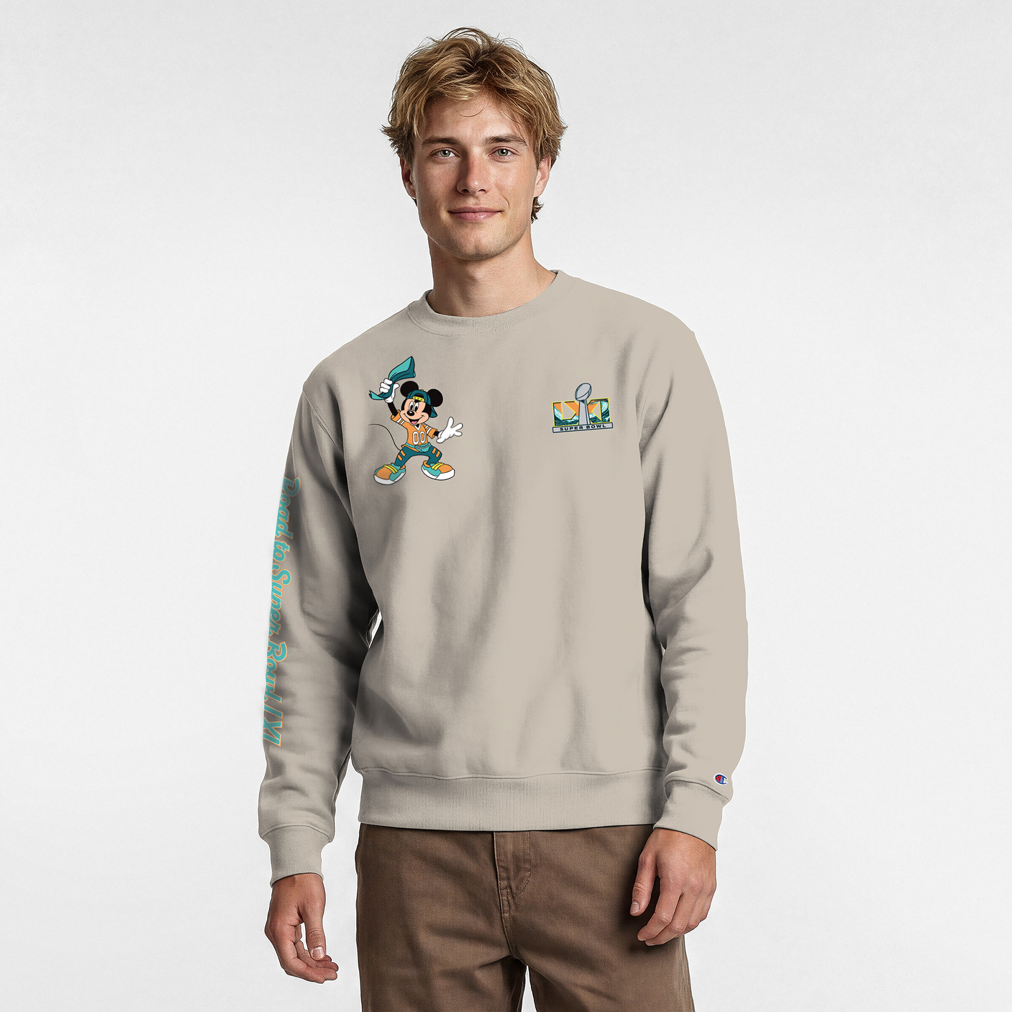 Men's Champion X Disney Oatmeal Road To Super Bowl LXI Mickey & Friends Powerblend Sweatshirt