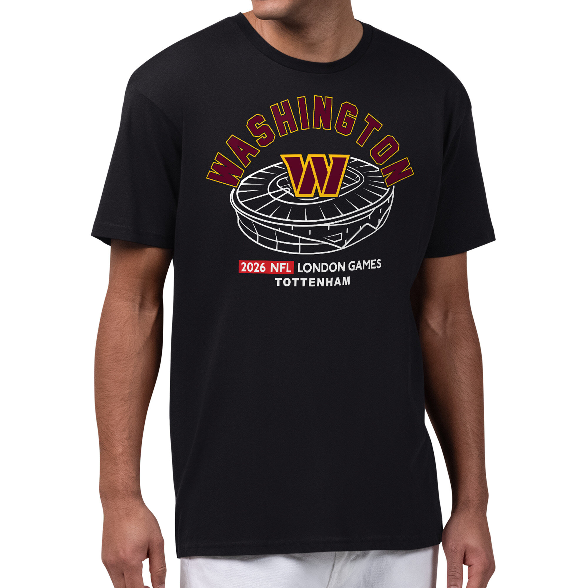 Men's Starter Black Washington Commanders 2026 NFL London Games Stadium Graphic T-Shirt