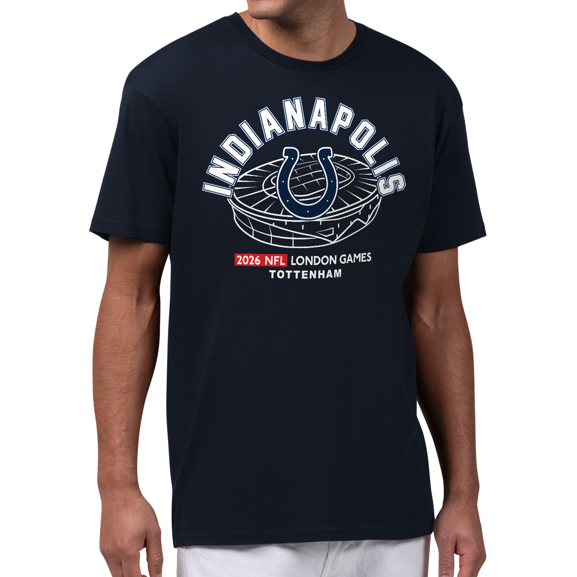 Men's Starter Navy Indianapolis Colts 2026 NFL London Games Stadium Graphic T-Shirt