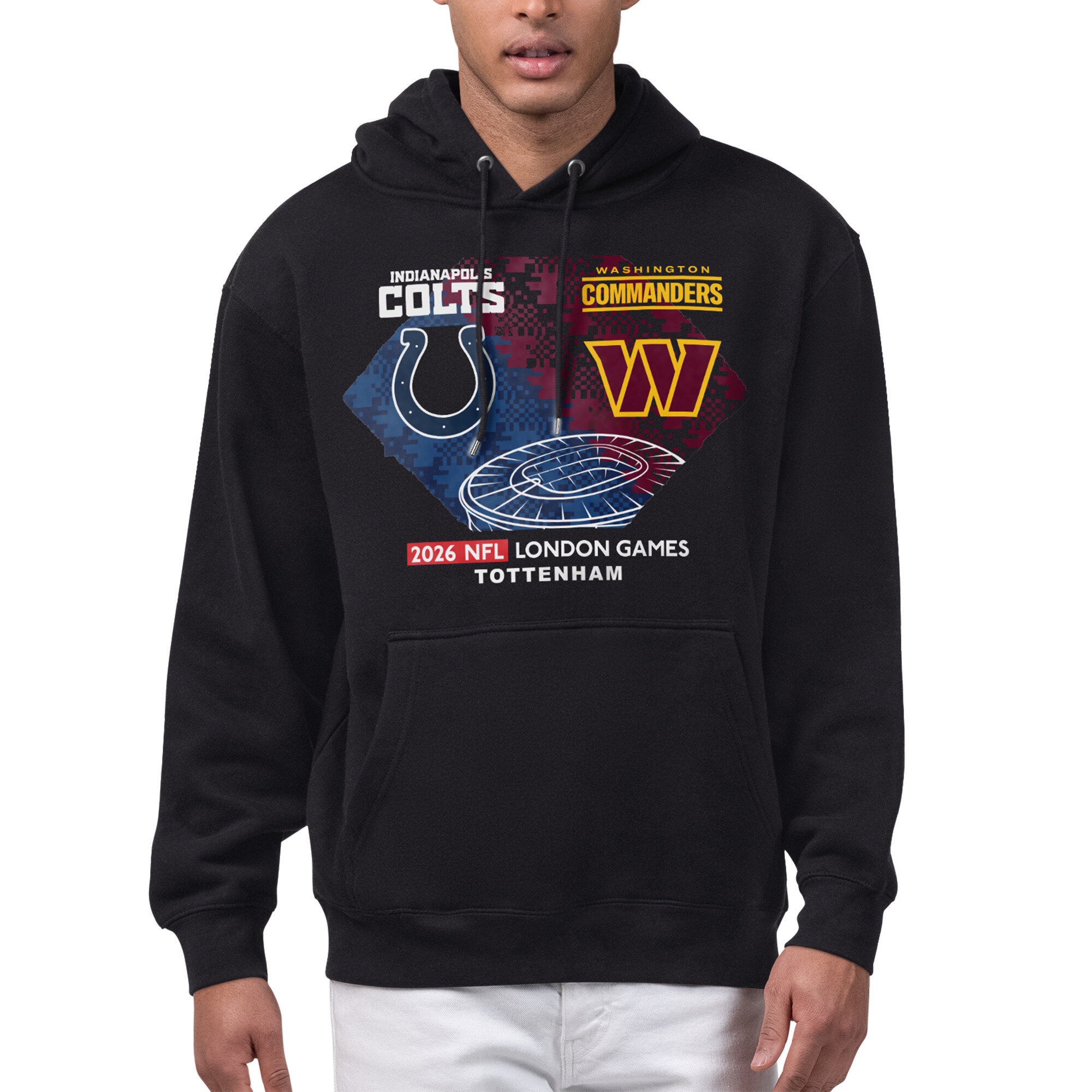 Men's Starter Black Indianapolis Colts vs. Washington Commanders 2026 NFL London Games Matchup Fleece Hoodie