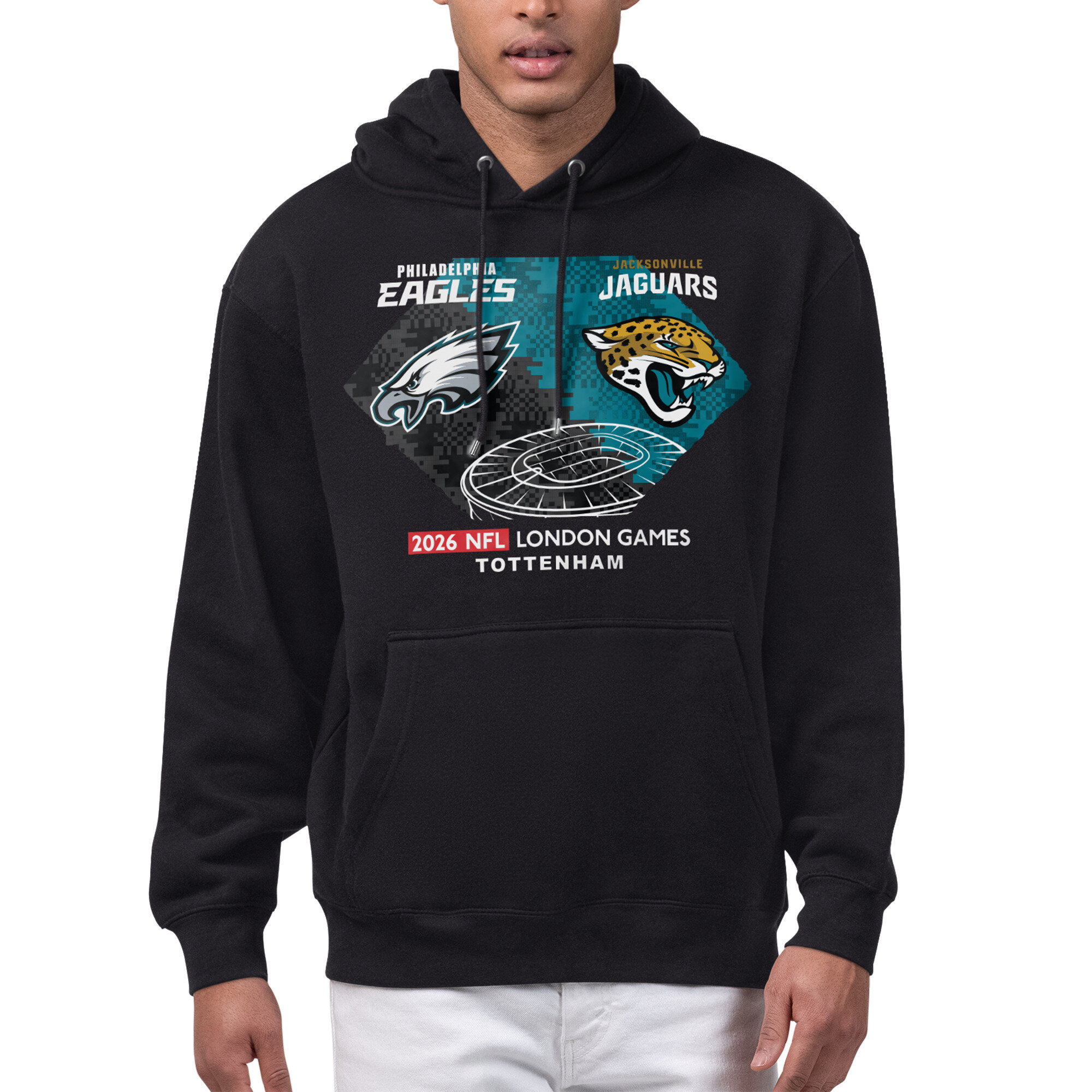 Men's Starter Black Philadelphia Eagles vs. Jacksonville Jaguars 2026 NFL London Games Matchup Fleece Hoodie